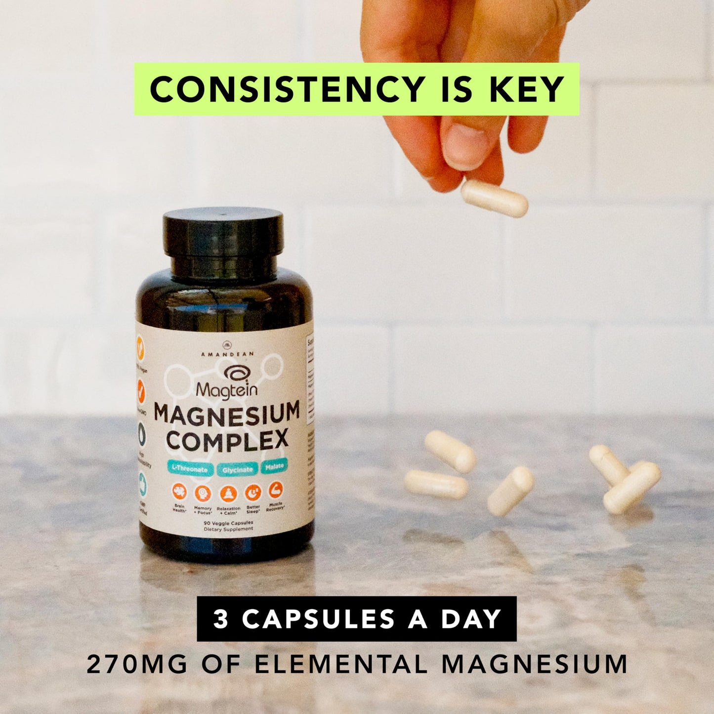 AMANDEAN Magtein Magnesium Complex L-Threonate, Glycinate, Malate Triple Blend Chelated Magnesium Supplement Capsule, 90 Count