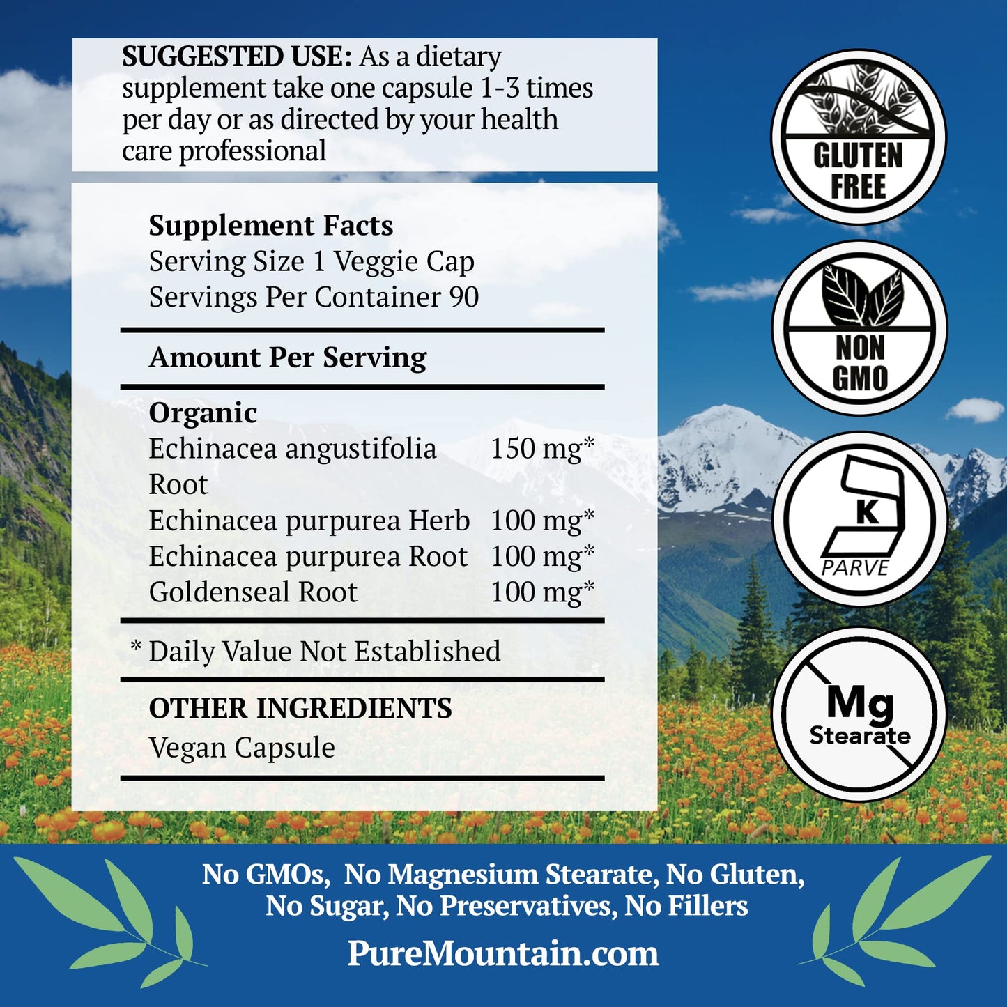 Pure Mountain Botanicals Echinacea Goldenseal Capsules 450mg Organic Echinacea and Goldenseal Root Complex, 90 Count