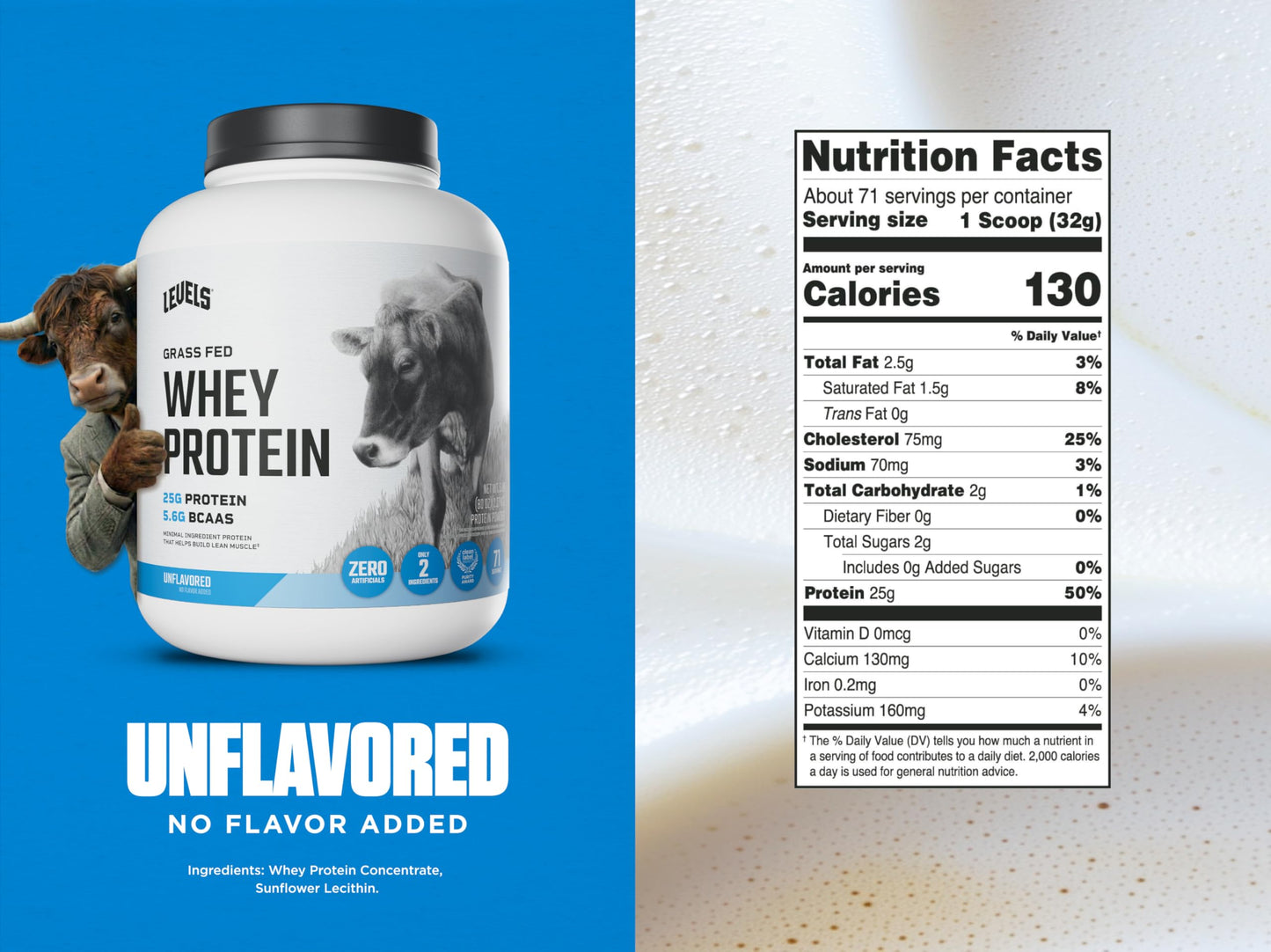 Levels Nutrition Grass Fed Whey Protein Powder, Unflavored, 80 Servings, 5 lb