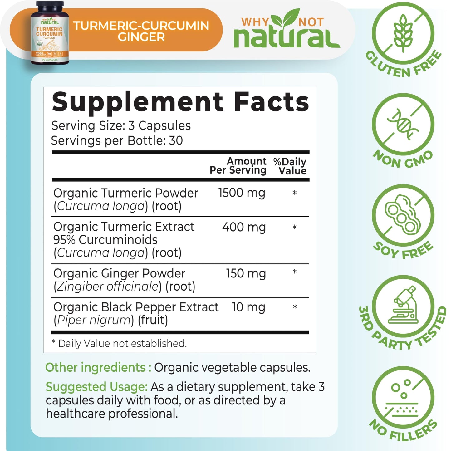 Why Not Natural Organic Turmeric Curcumin Supplement with Ginger and Black Pepper - Tumeric Capsule 90 Count