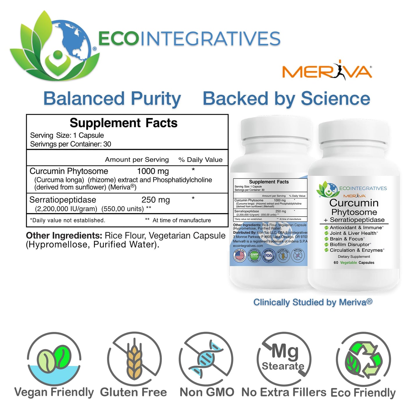 EcoIntegratives Meriva Curcumin Phytosome Complex Serratiopeptidase 500mg Capsules, 60 Count