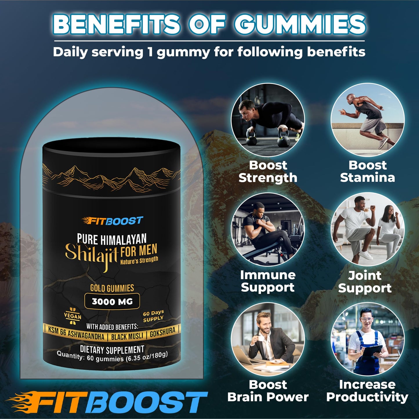 FITBOOST Sundried Himalayan Natural Shilajit Gummies, 60 Count