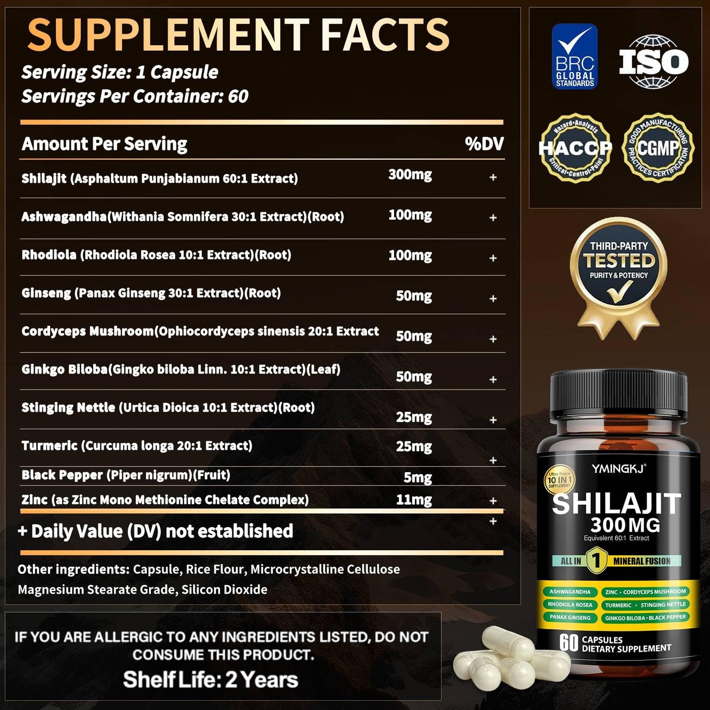 YMINGKJ Shilajit Capsules 10 in 1 Supplement with Ashwagandha, Rhodiola Rosea, Panax Ginseng, Cordyceps, Turmeric, Ginkgo, Fulvic Acid Trace Minerals Supplement for Men & Women, 120 Count