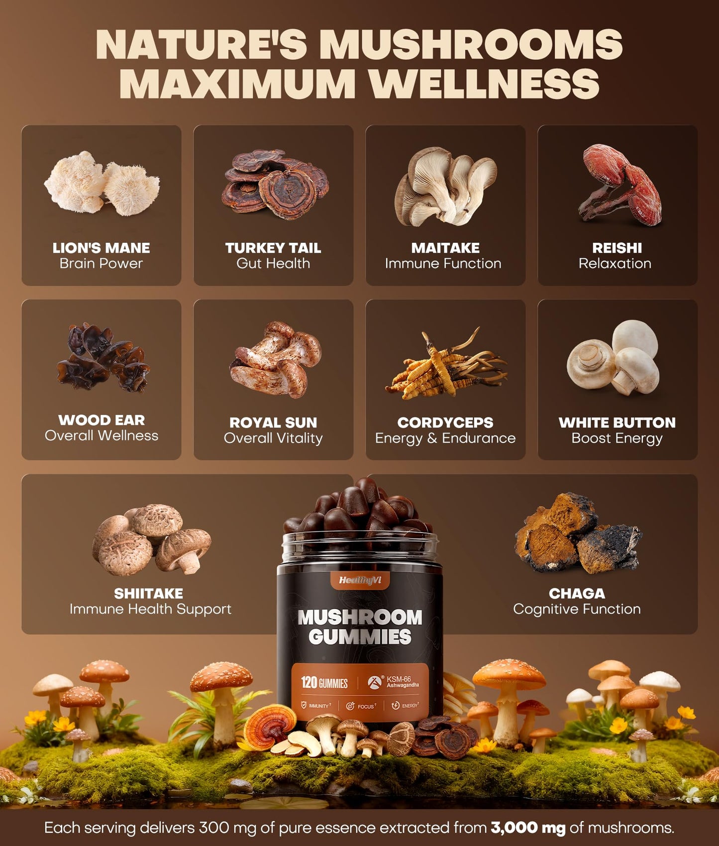 HealthyVi 10-In-1 Mushroom Gummies with KSM-66 Ashwagandha & Magnesium Threonate Boosts Focus, Memory & Cognitive, 120 Gummies