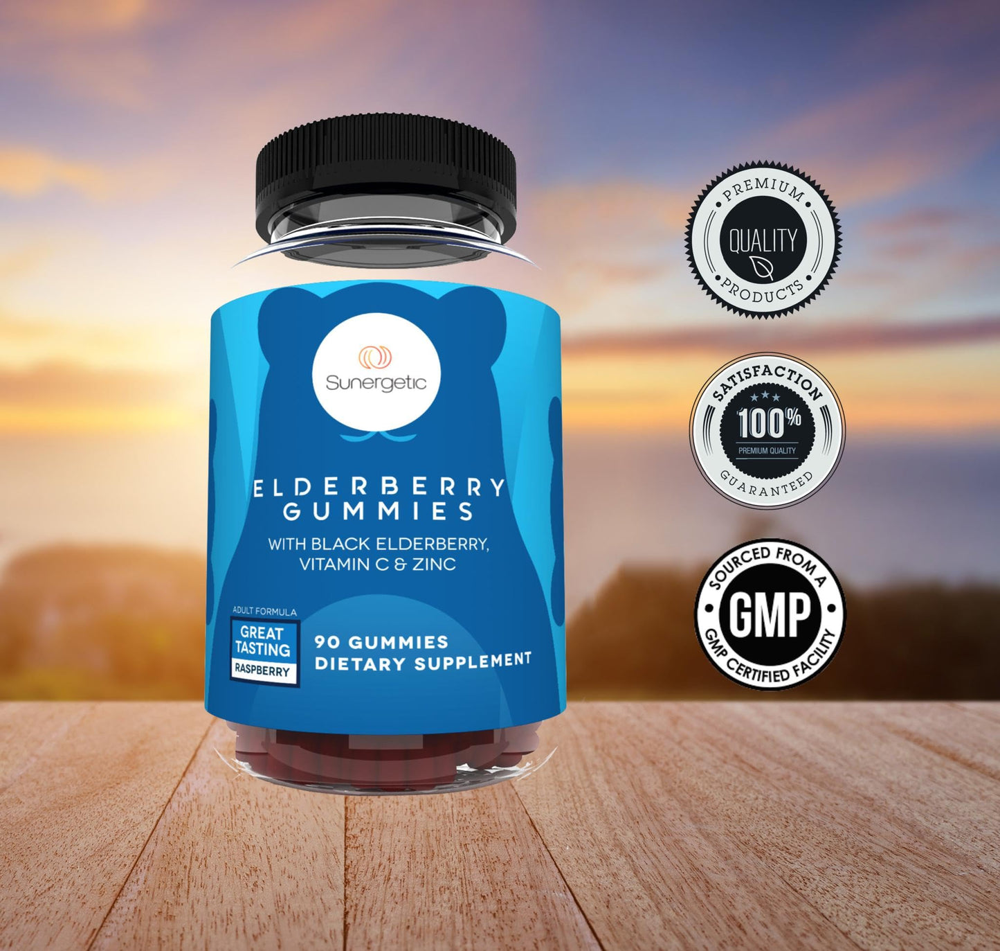 Sunergetic Premium Black Elderberry Gummies with Vitamin C & Zinc, Raspberry Flavored, 90 Gummies
