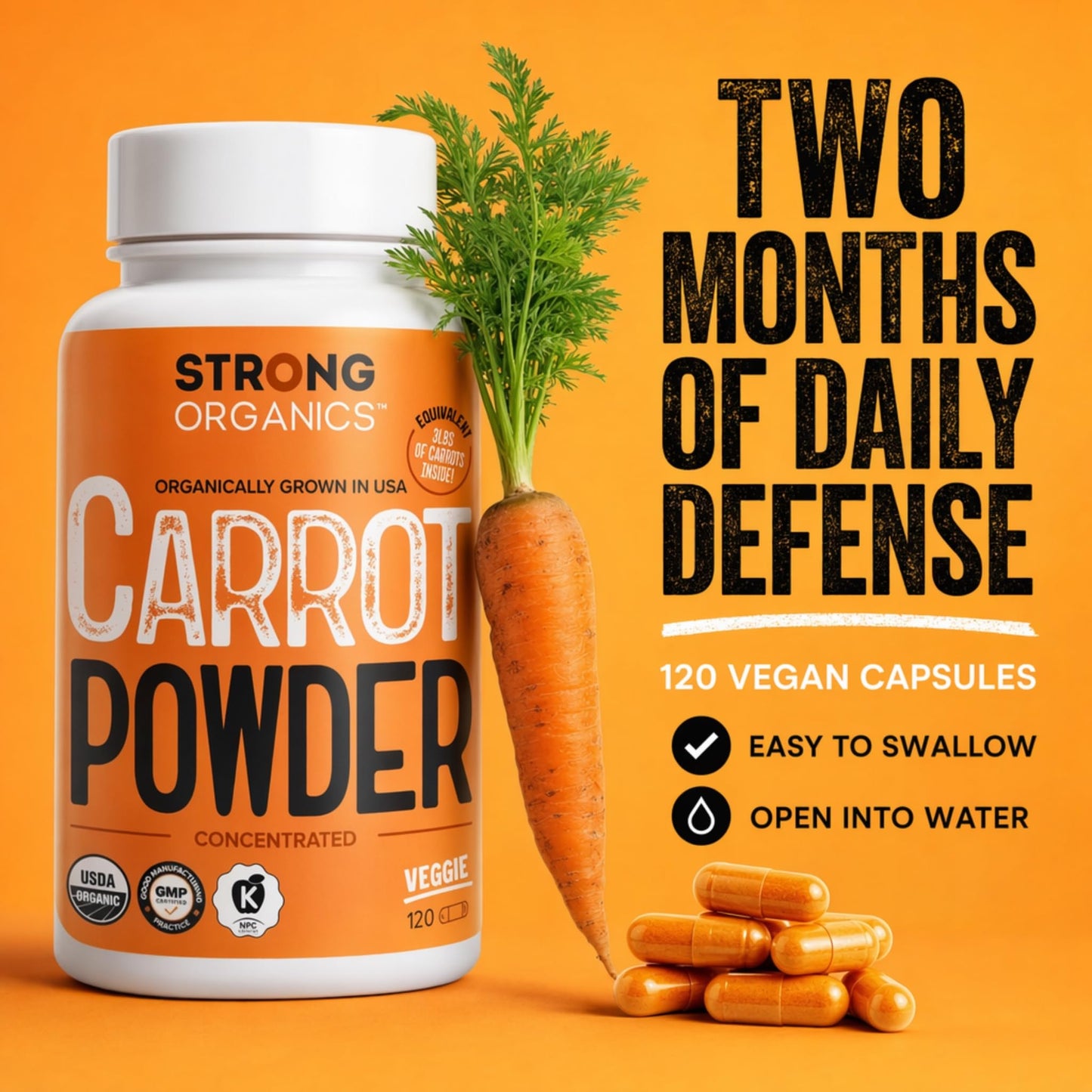 Strong Organics Organic Beta Carotene Eye Vitamins for Adults Carrot Vitamin A Capsule 120 Count