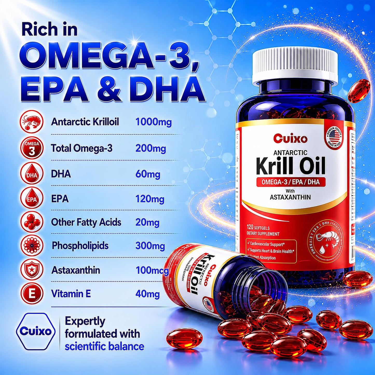 CUIXO Antarctic Krill Oil 1000 mg Omega 3 EPA DHA High Absorption 120 Softgels