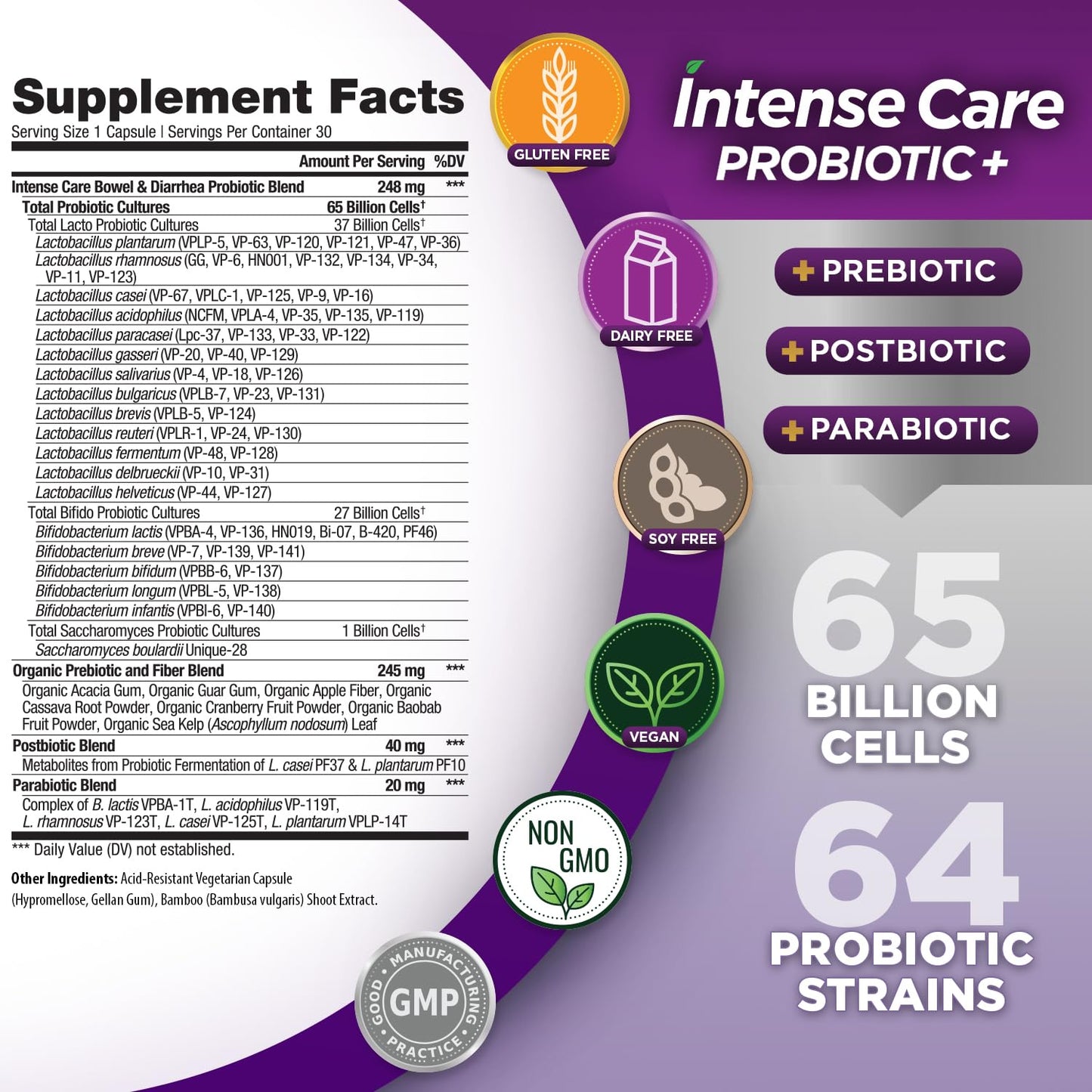Vital Planet Intense Care Bowel and Diarrhea Probiotic Supplement with Organic Prebiotics, Postbiotics, and Parabiotics, Lactobacillus Rhamnosus and Saccharomyces, 65 Billion CFU, 64 Strains, Capsules, 30 Count