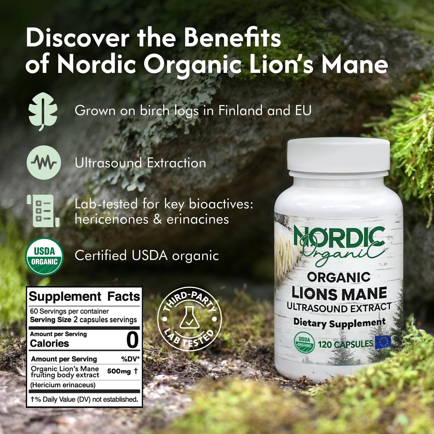 Nordic Organic Lion’s Mane Ultrasound Extract Capsules 120 Capsules