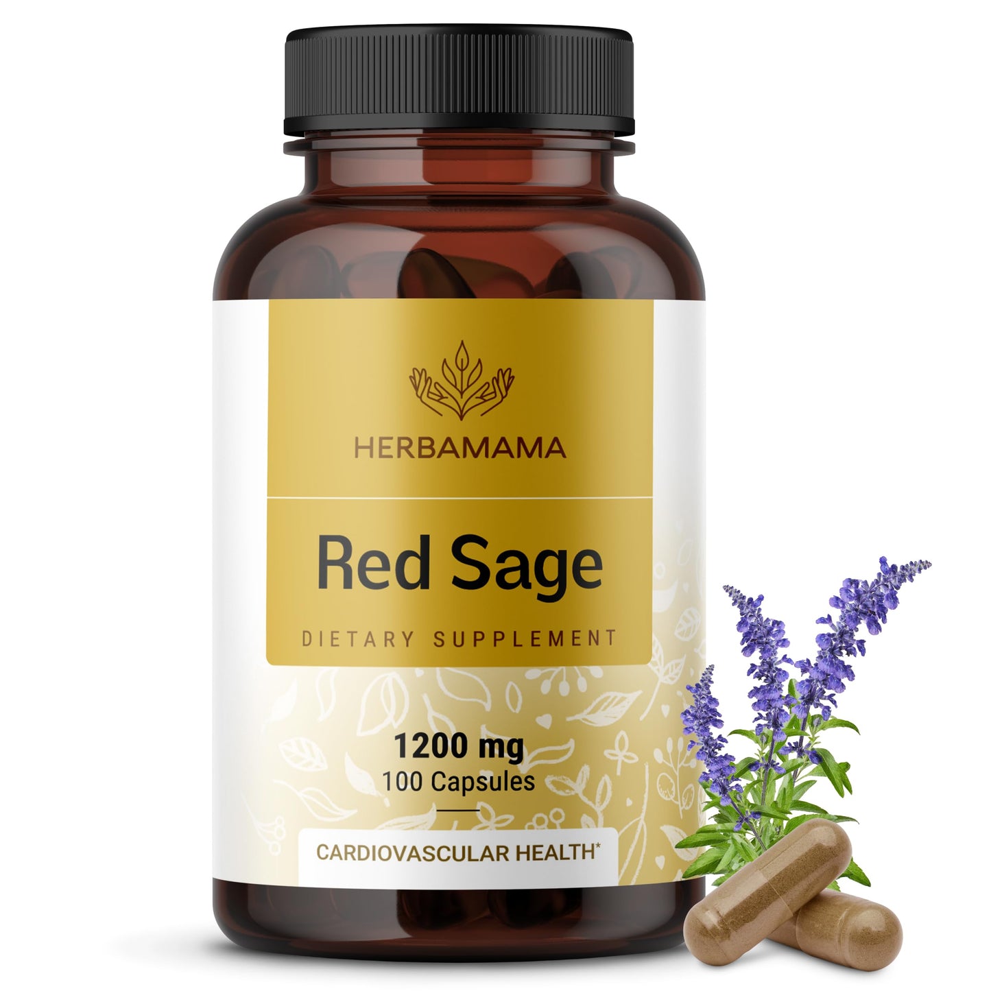 HERBAMAMA Red Sage Root (Dan Shen) Supplement Capsules, 1200mg, 100 Capsules