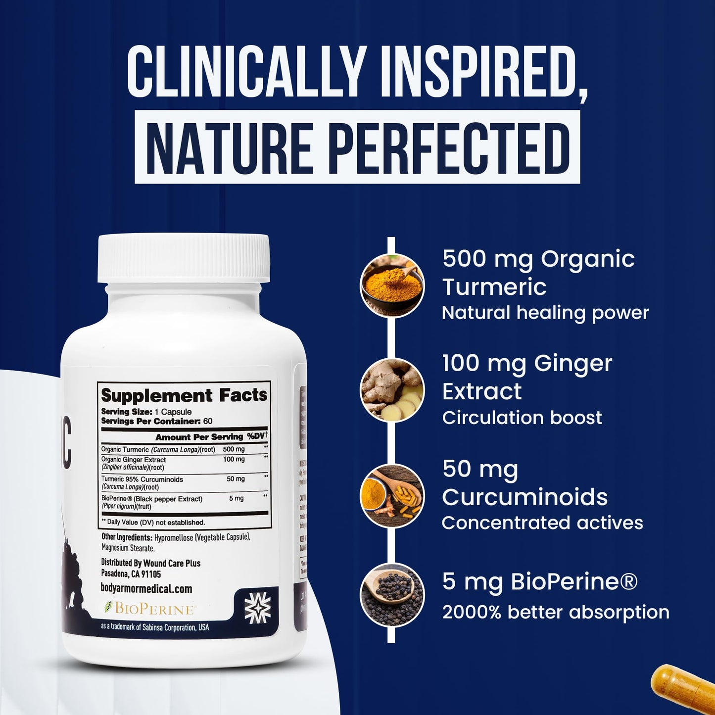 WOUND CAREPLUS Turmeric & Ginger Supplement with Curcumin & Gingerol, 60 Capsules
