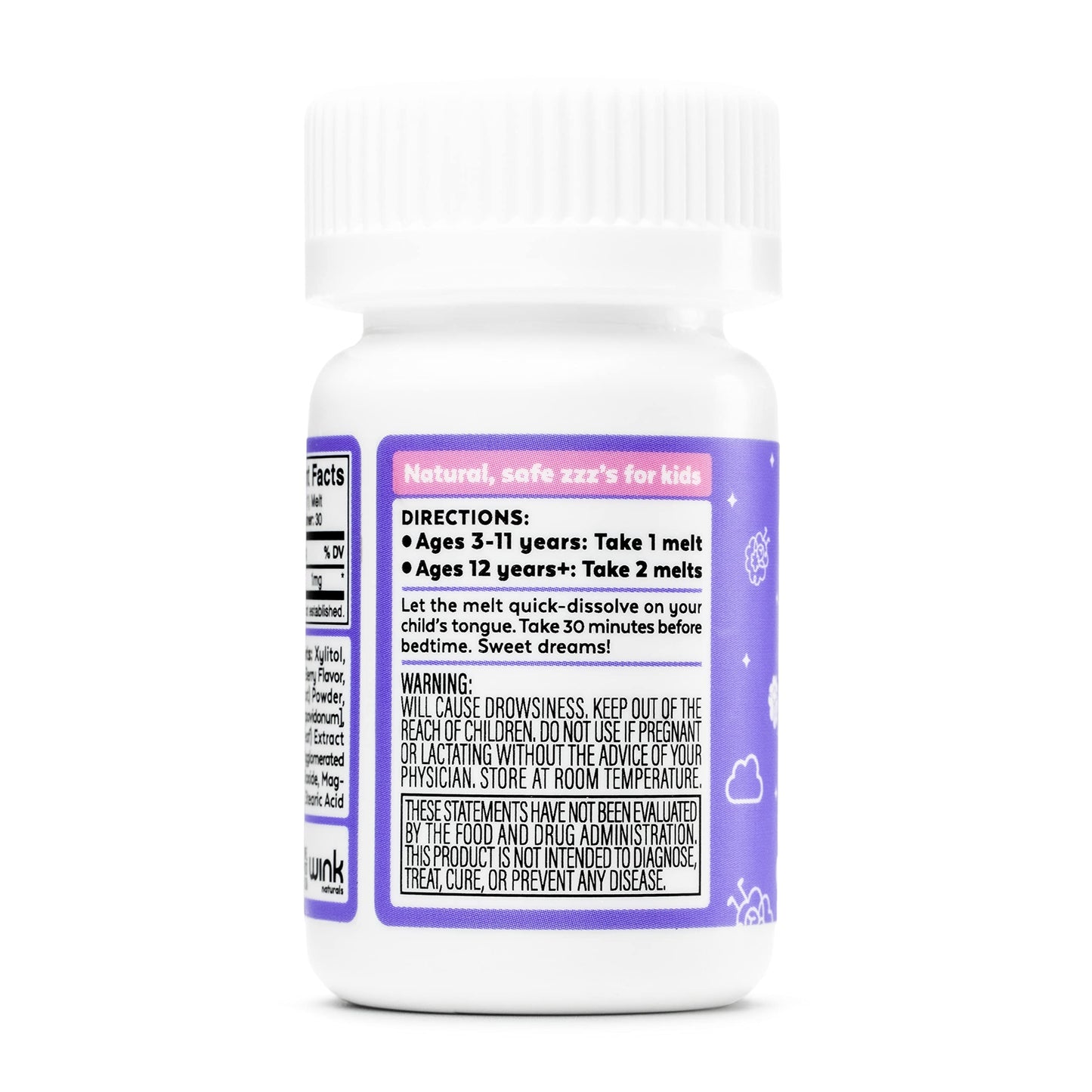 Wink Naturals Kids Melatonin Chewable Melts Sleep Aid Chews with Melatonin 1mg, 30 Melts