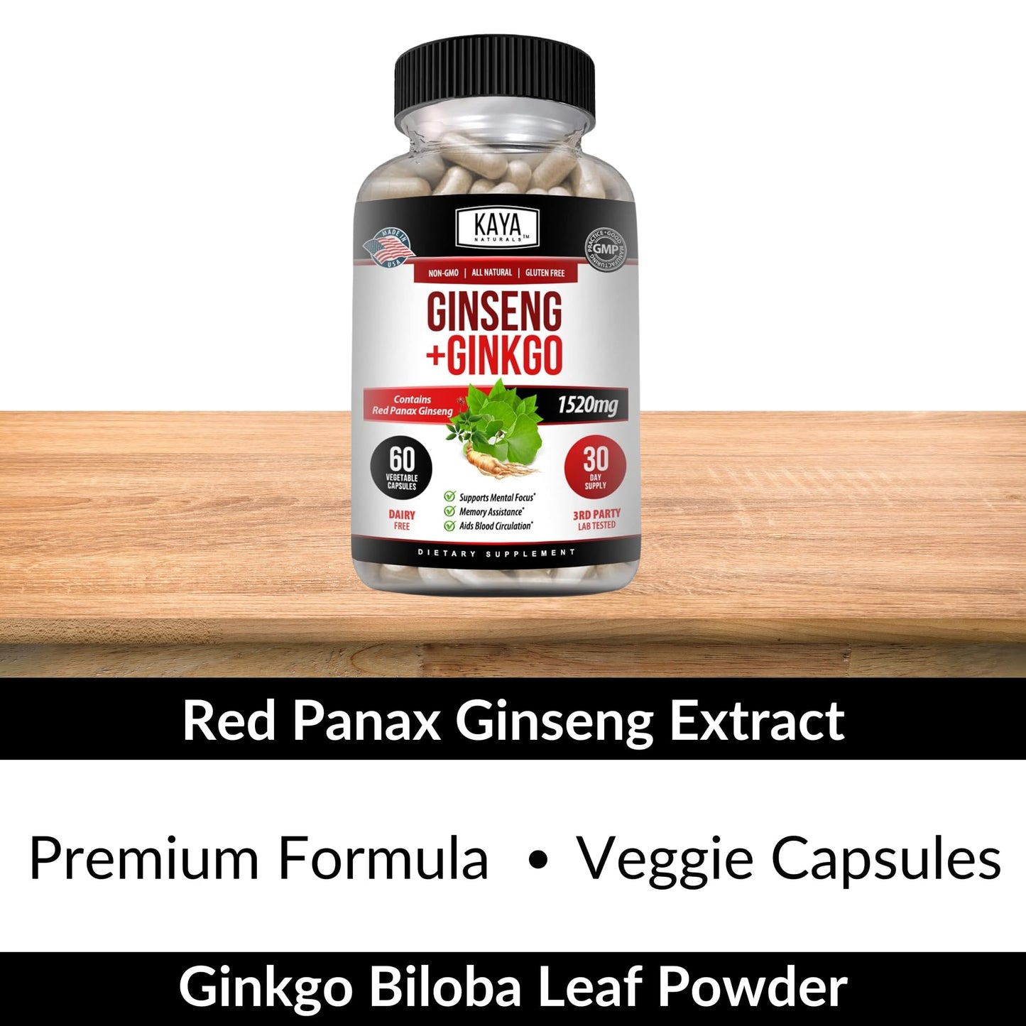 Kaya Naturals Red Panax Ginseng + Ginkgo Biloba Nootropic Brain Supplement - Cognitive and Concentration Support - Brain Booster, Focus, and Memory - 60 Capsules