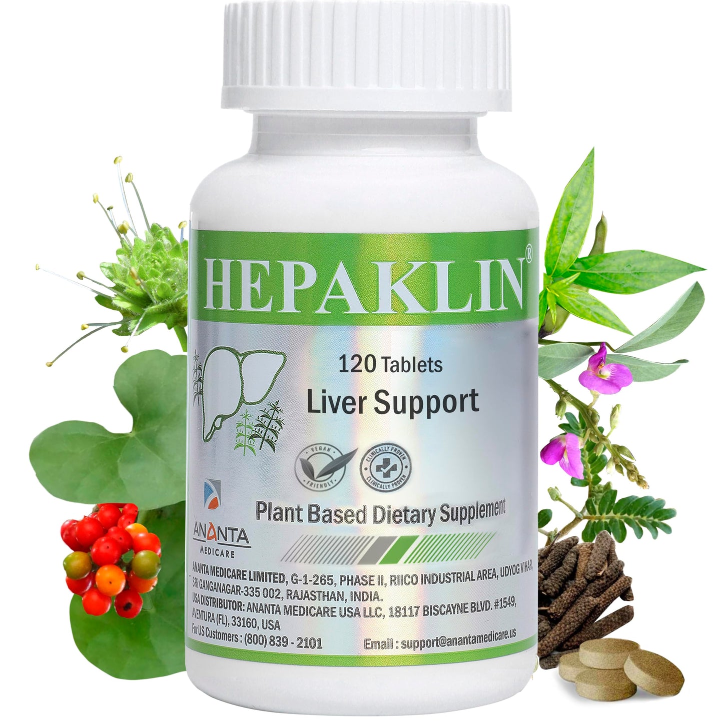 Ananta Medicare USA Hepaklin - Herbal Liver Health Supplement, Supports Detoxification, Liver Function & Digestive Wellness, 120 Tablets