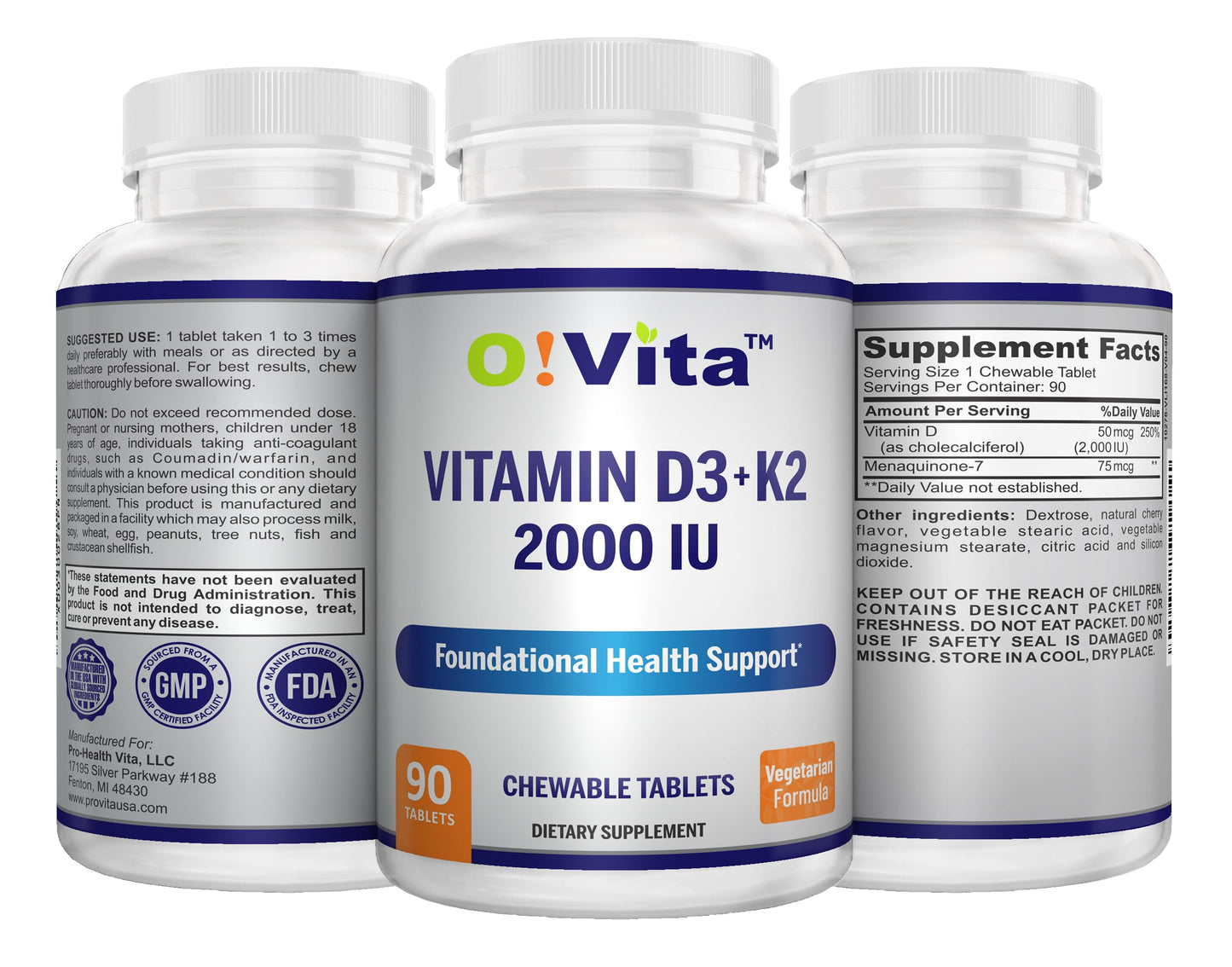 O!VITA Vitamin D3 + K2 2000IU Chewable, 90 Tablets