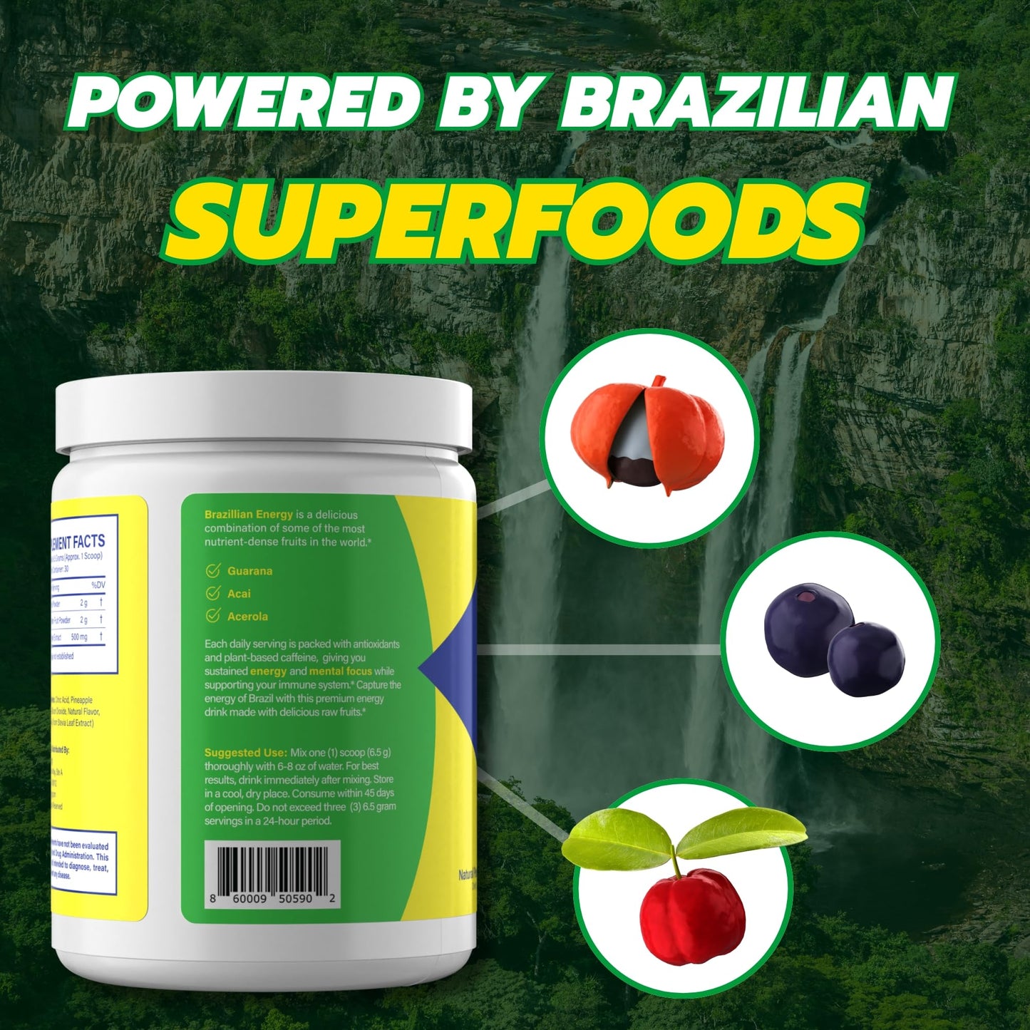 Brazilian Energy Guarana with Natural Caffeine, Acai & Acerola Powder 6.9