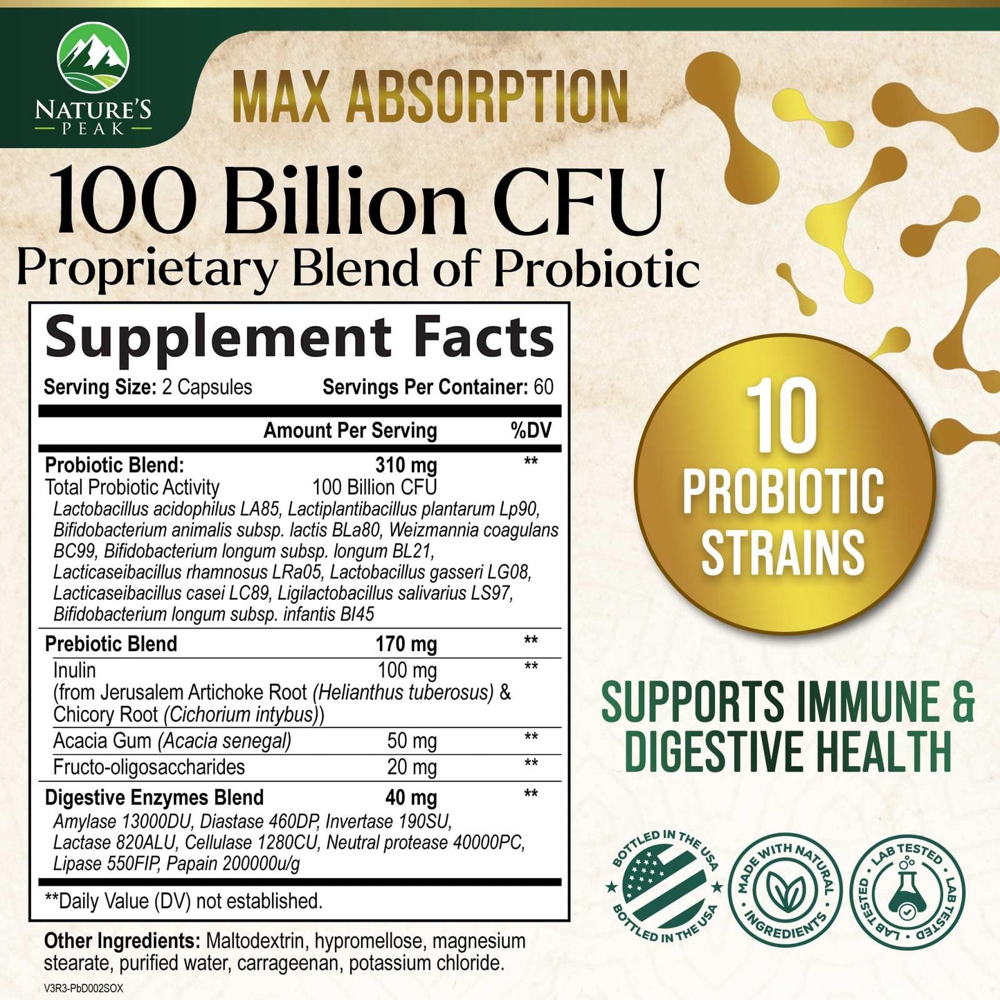 Nature's Peak Probiotics 100 Billion CFU Per Serving - 10 Premium Strains and Prebiotics Capsules, 120 Count