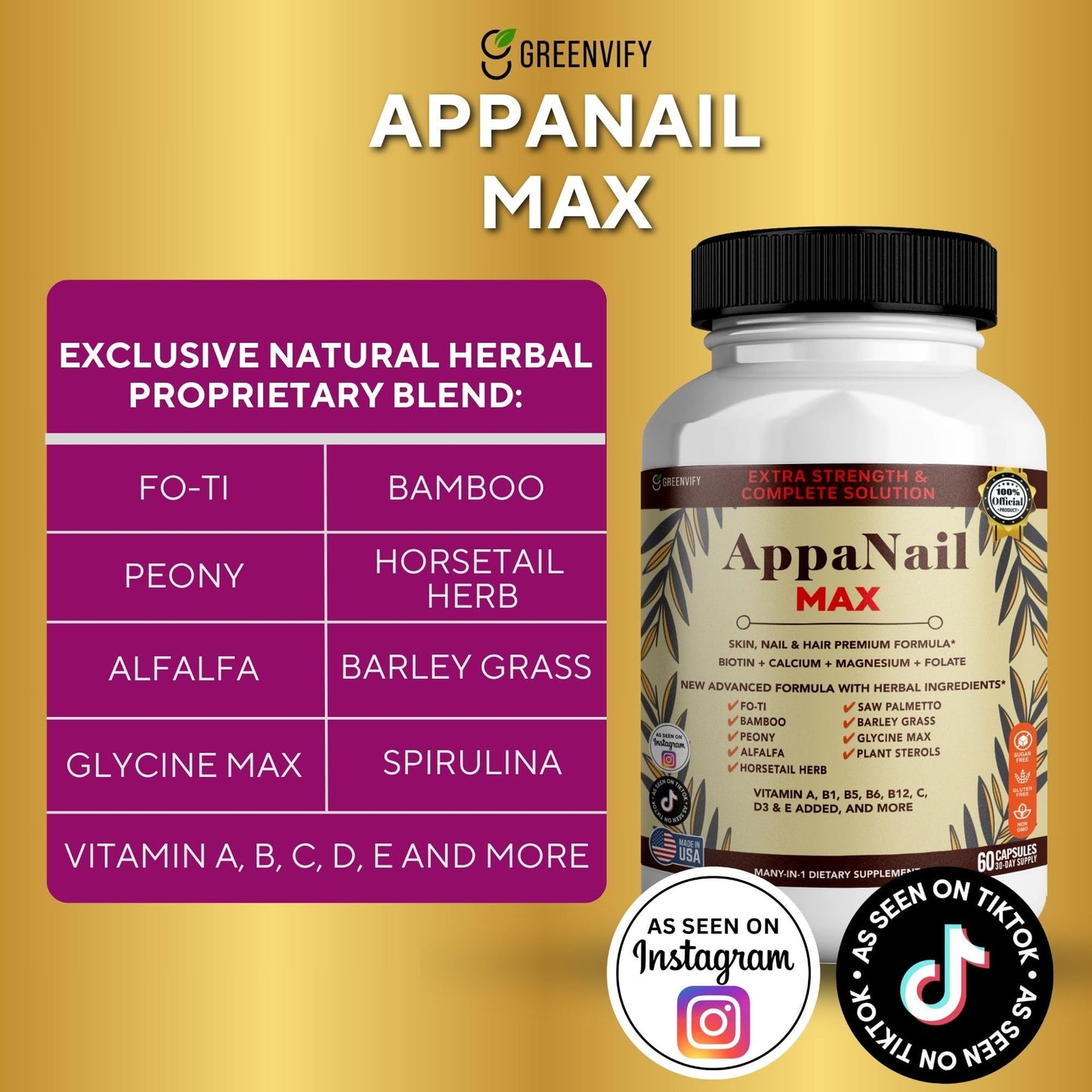 GREENVIFY AppaNail MAX Hair Skin & Nail Supplement Capsules, 180 Capsules