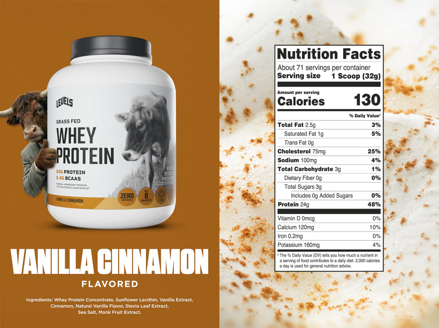 Levels Nutrition Grass Fed Whey Protein Powder Vanilla Cinnamon 80