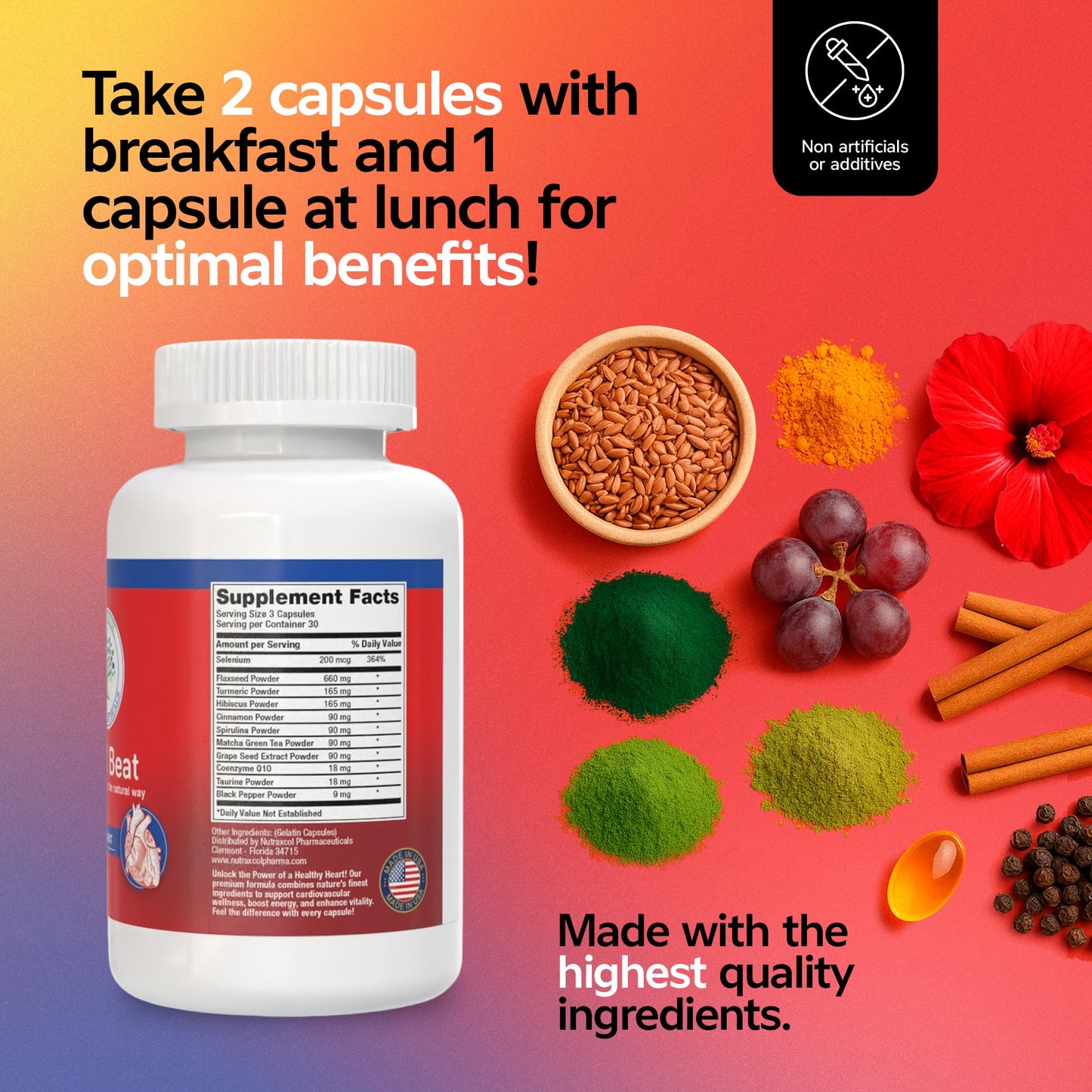 Nutraxcol Pharmaceuticals Vital Beat Cardiovascular Support Capsule, 90 Count