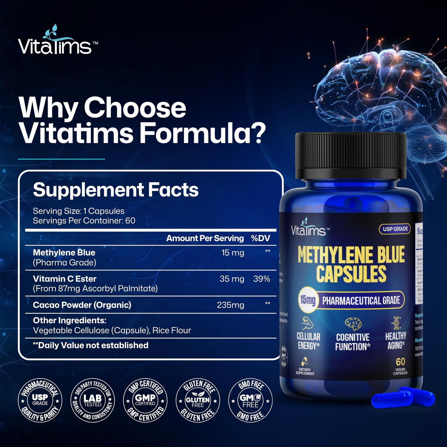 Vitatims Methylene Blue 15mg Capsules, 60 Count