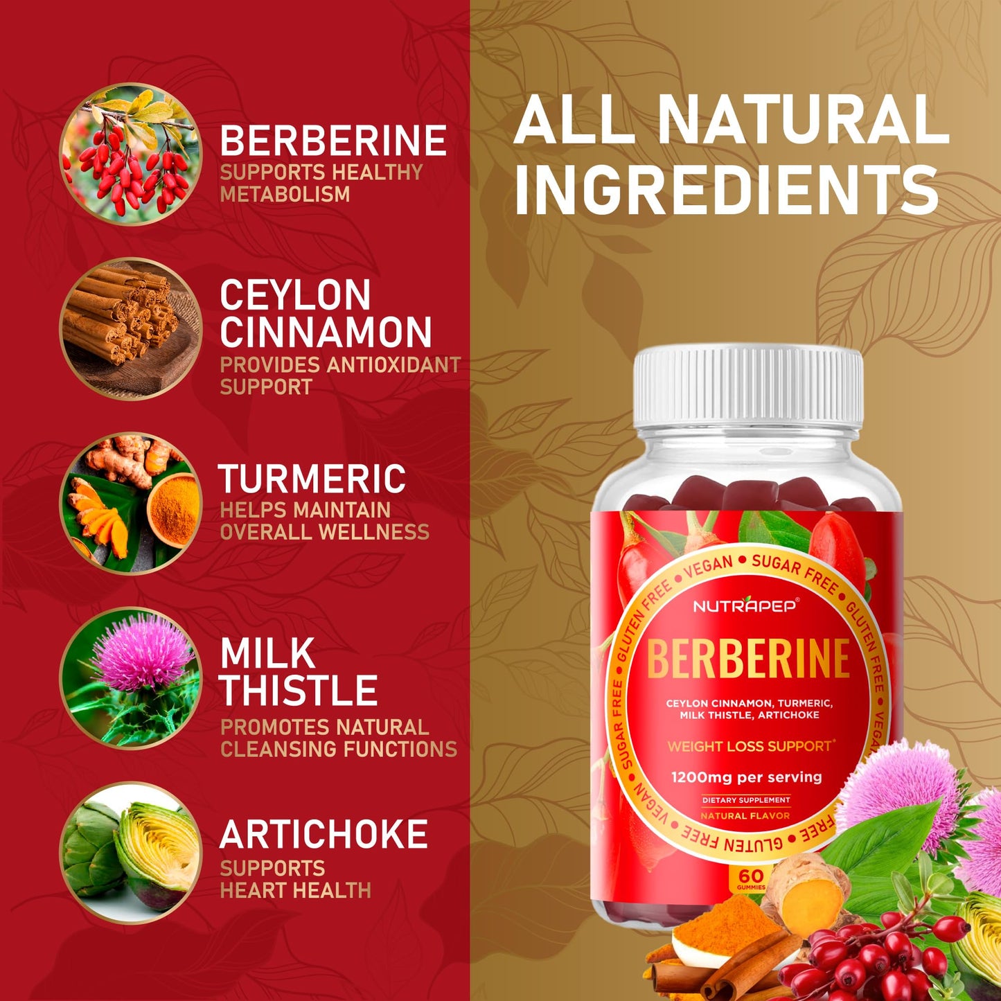 NutraPep Berberine HCl Weight Loss Support Gummies, 60 Count