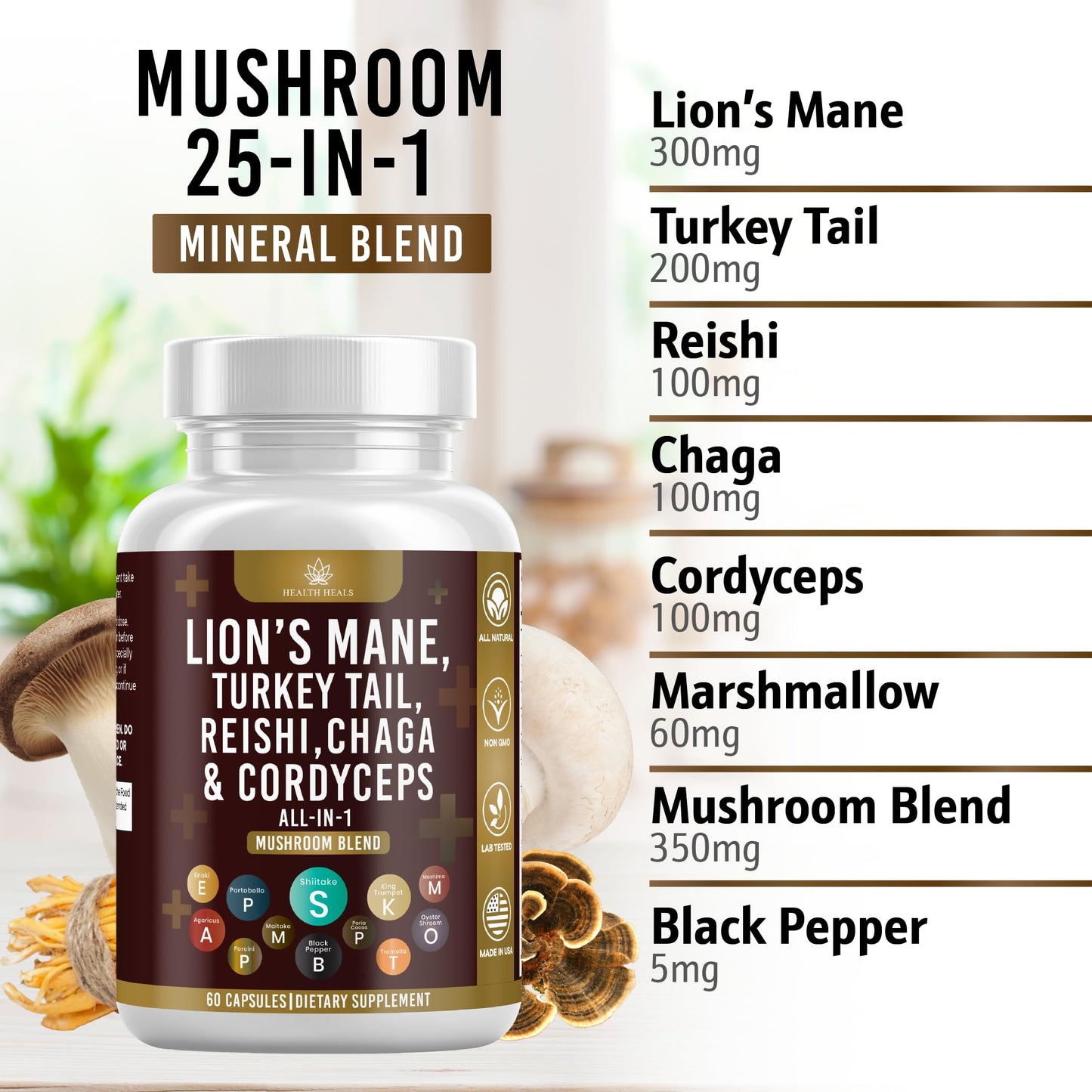 Health Heals Mushroom Supplement with Lion's Mane, Turkey Tail, Reishi, Cordyceps, Chaga, Marshmallow Root Capsules, 120 Count
