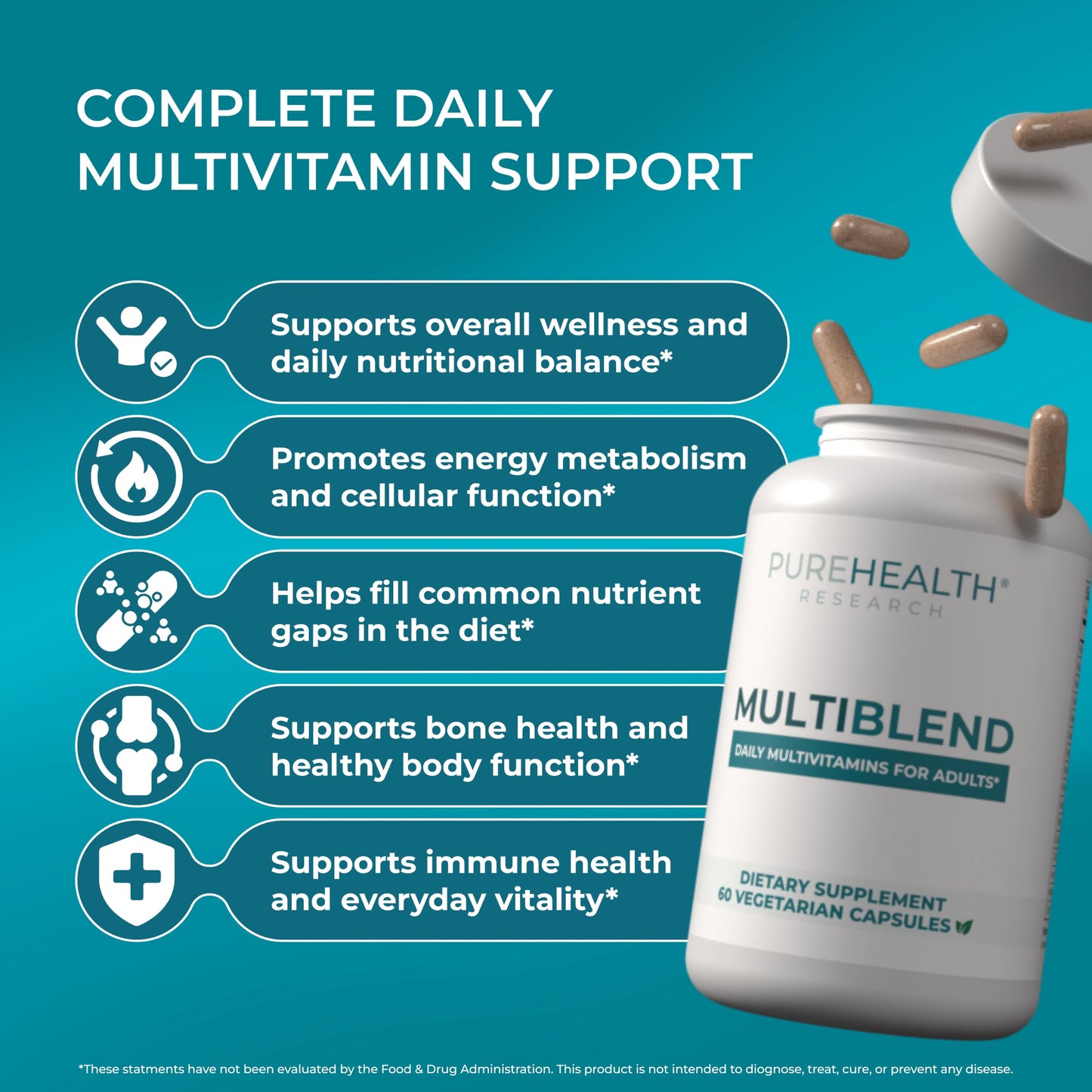 PUREHEALTH RESEARCH MultiBlend Daily Multivitamin for Women & Men - Energy, Immune Health & Focus - with Vitamin B Complex, Vitamin A, Vitamin C, Vitamin E, Vitamin K2 & More - 60 Capsules