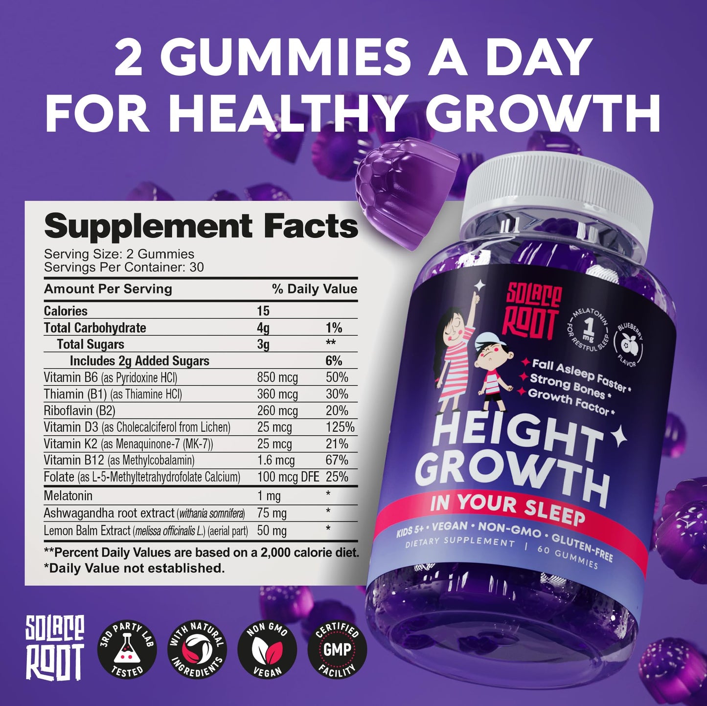 SOLACEROOT Height Growth Gummies with Melatonin for Kids & Teens - Ashwagandha for Kids - Melatonina Para Niños - Height Growth Supplement - Teen Boy Vitamins - Grow Taller Supplement - Kids Melatonin Gummies, 60 Gummies
