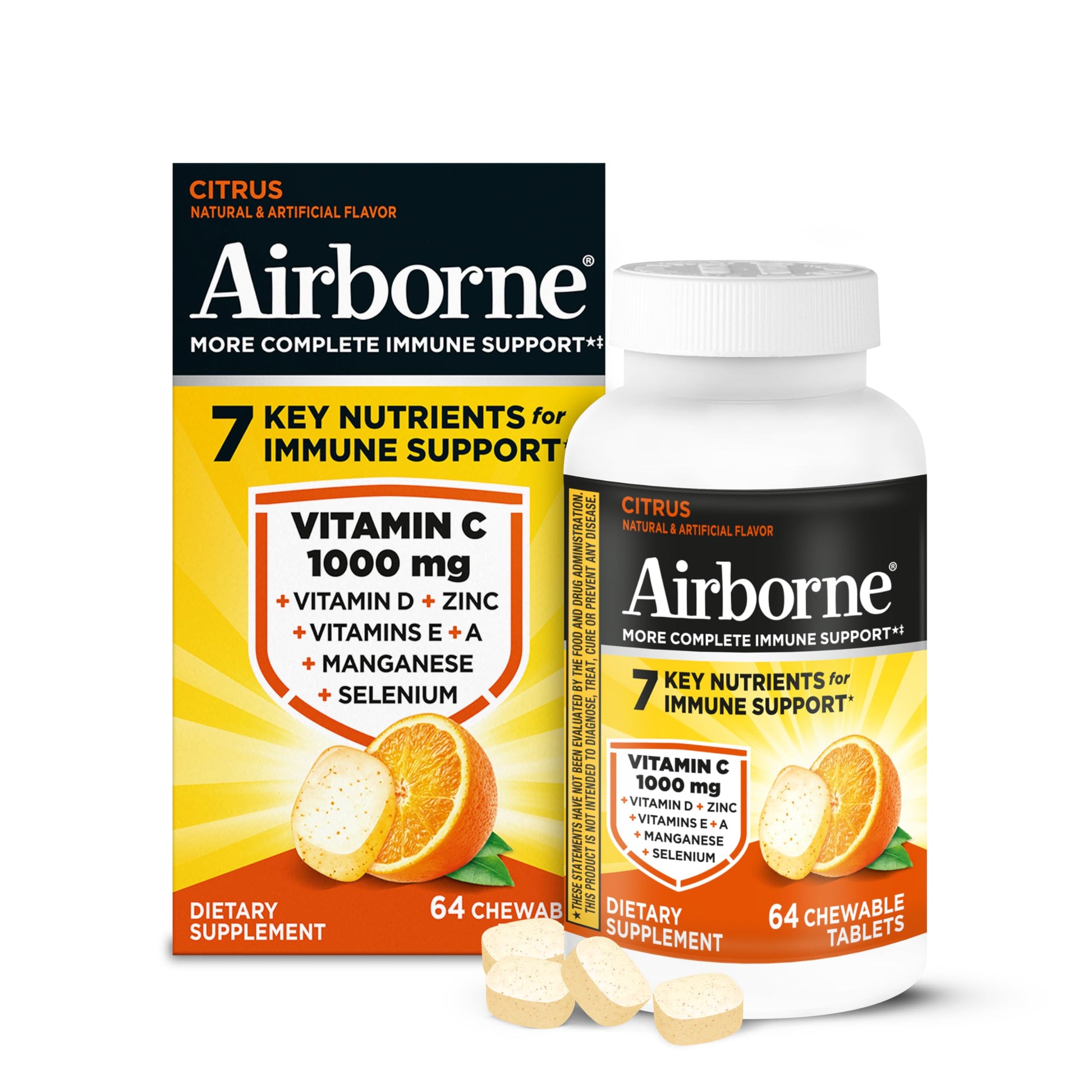 Airborne Citrus Chewable Tablets, 64 Count