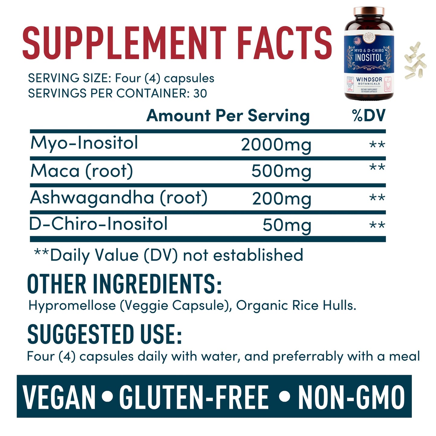 Windsor Botanicals Myo-Inositol & D-Chiro Inositol 40:1 Ratio with Maca Root & Ashwagandha 120 Capsules
