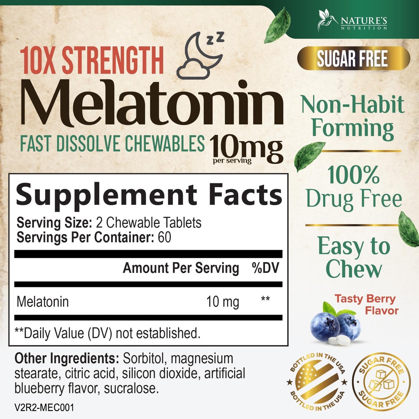 Nature's Nutrition Melatonin Tablets 10mg - Extra Strength Sleep Support, 120 Count