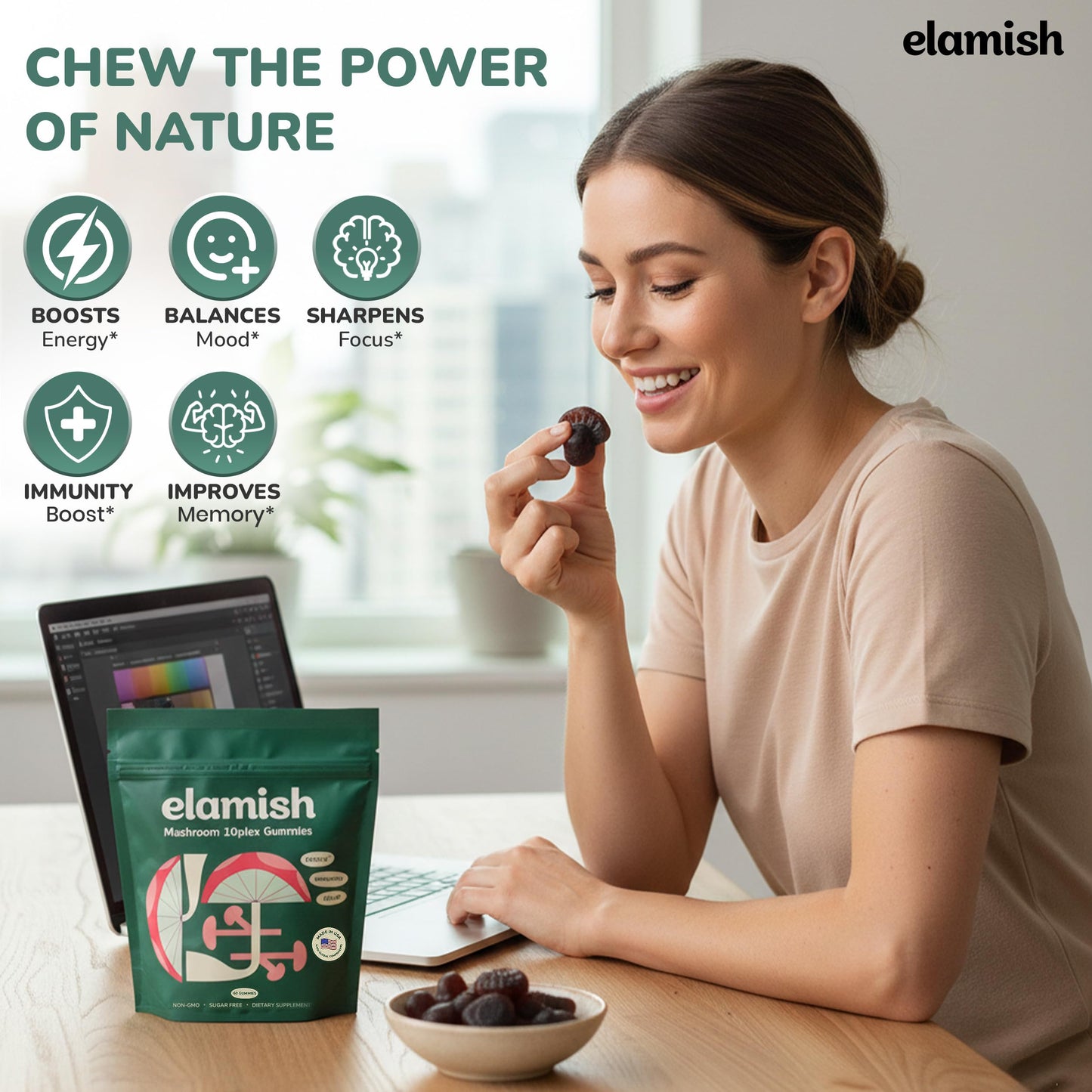 Elamish Mushroom Gummies – Focus, Immunity & Calm – Functional Mushrooms 10 Plex Blend, 60 Count