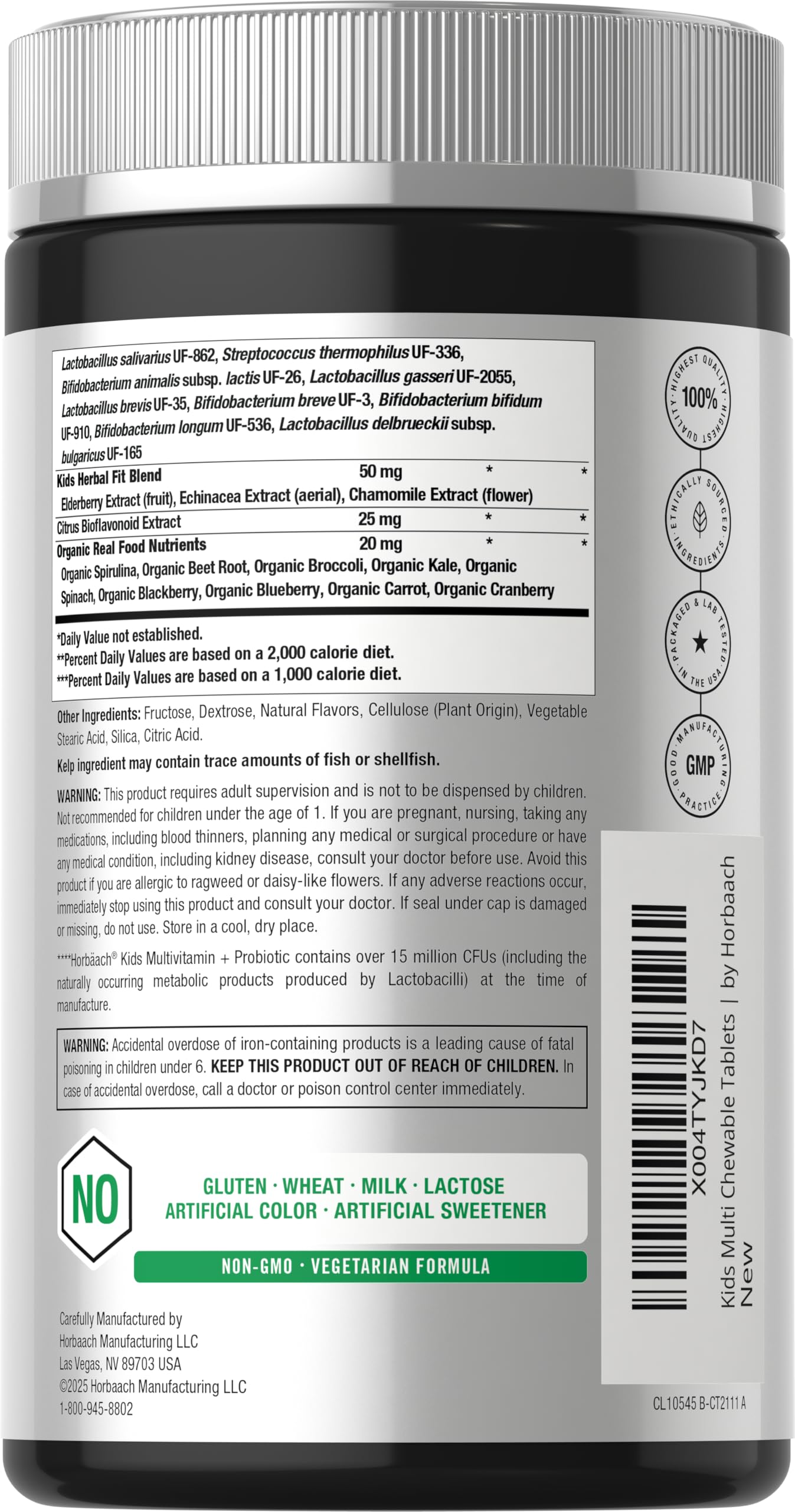 Horbäach Kids Multivitamin with Probiotics Chewable Tablets, 100 Count