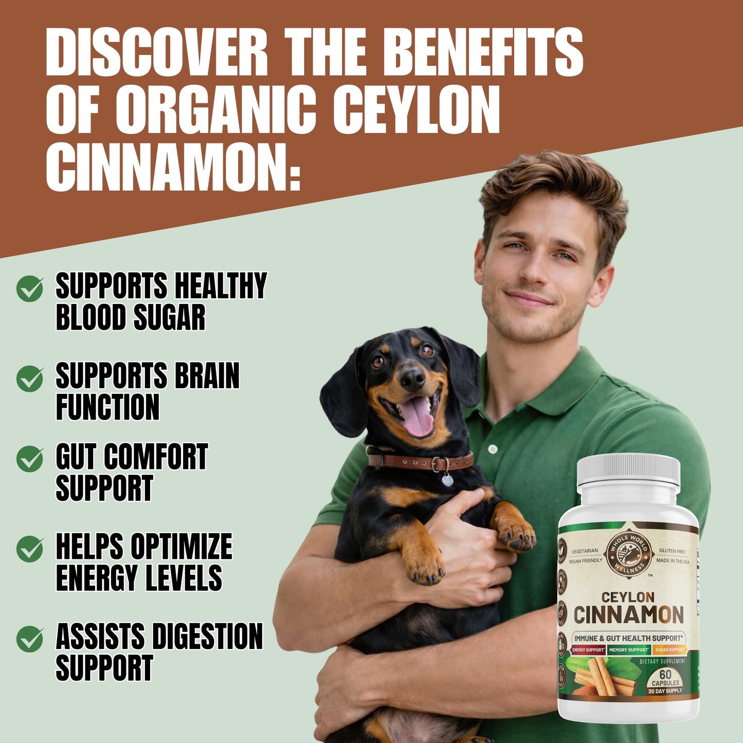 WHOLE WORLD WELLNESS Organic Ceylon Cinnamon for Men & Women - Capsules, 60 Count