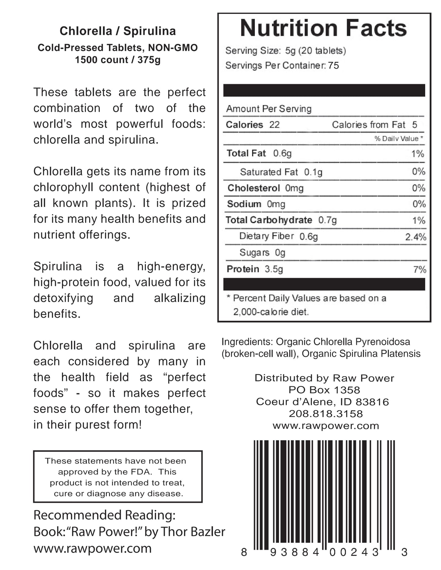 Raw Power Chlorella/Spirulina Tablets 1 Count