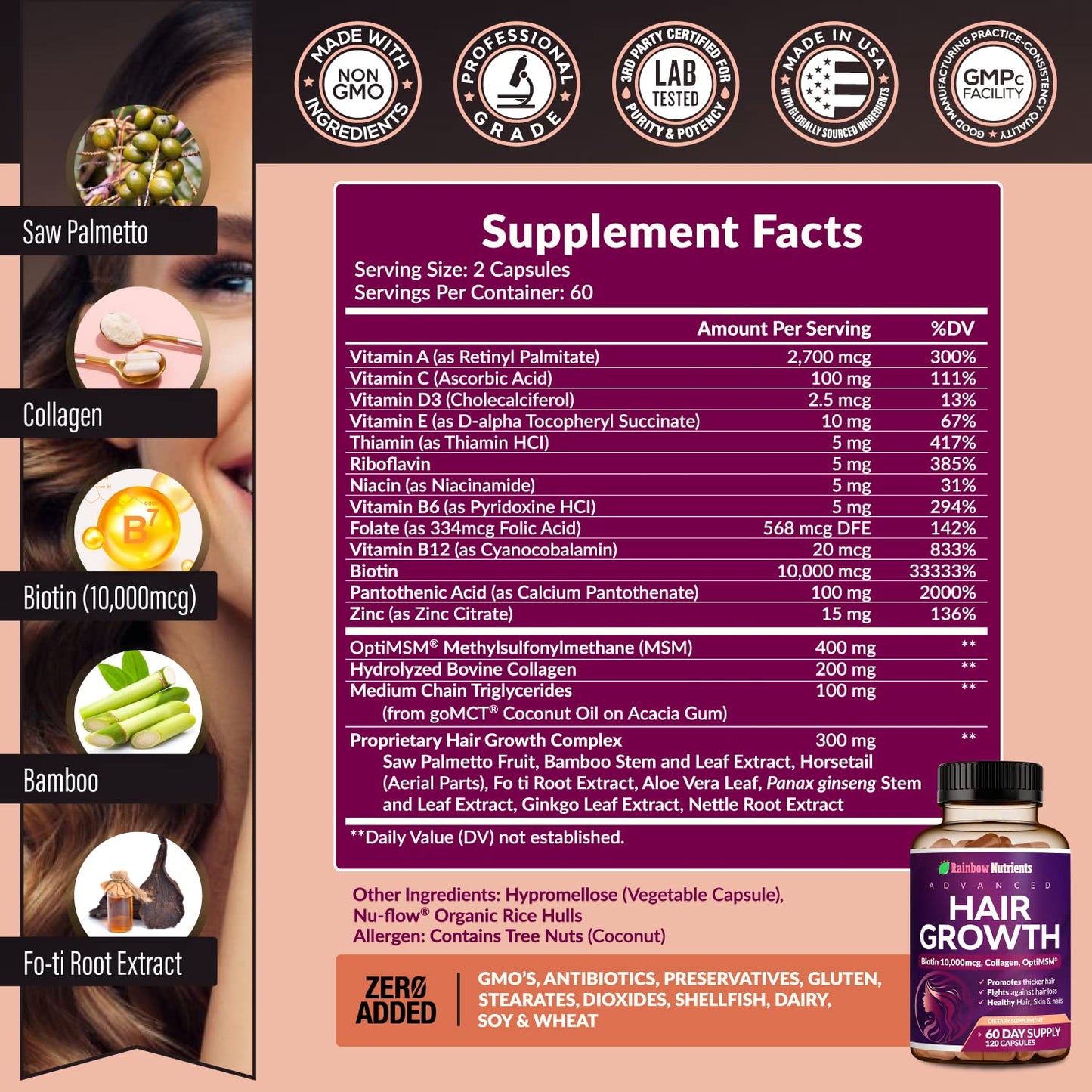 Rainbow Nutrients, LLC Hair Growth Vitamins for Women Biotin 10,000mcg Capsule 120