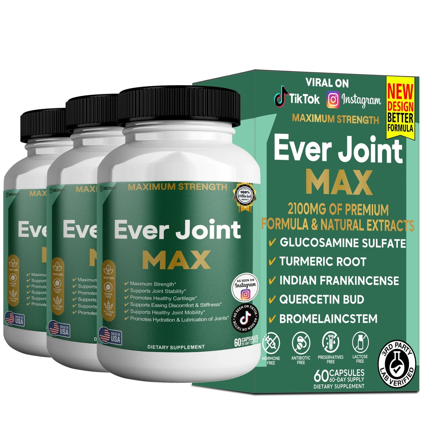 GREENVIFY Ever Joint MAX Joint Support Supplement Glucosamine Chondroitin 60 Capsules