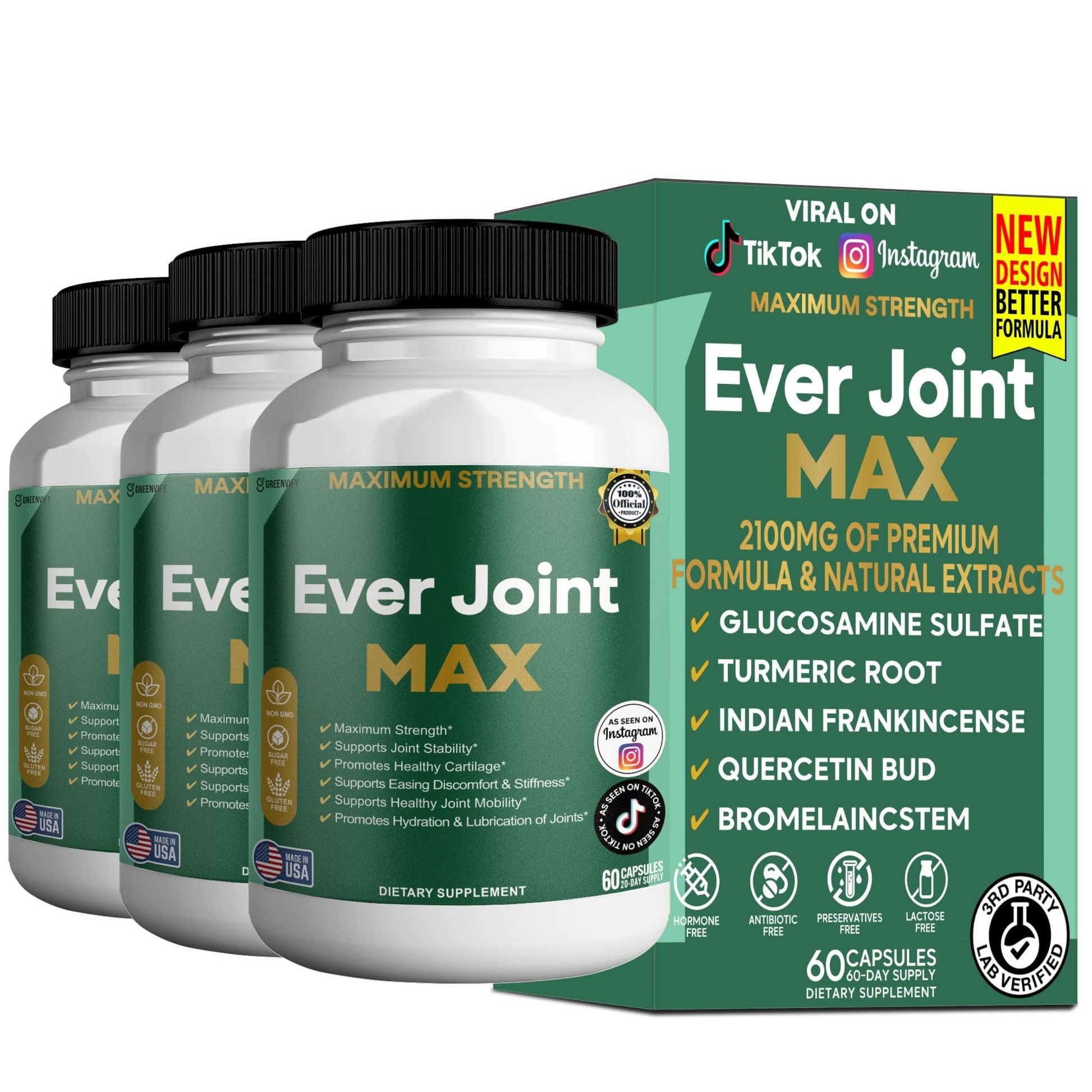 GREENVIFY Ever Joint MAX Joint Support Supplement Glucosamine Chondroitin 60 Capsules
