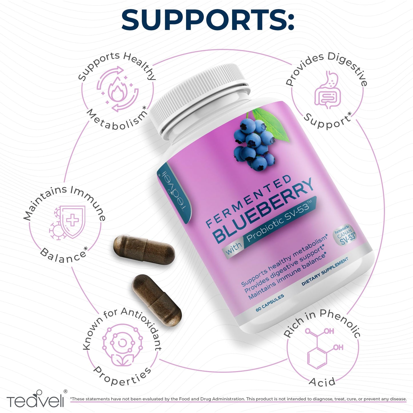 Teaveli Probiotic Blueberry Supplement with Wild Blueberries 1000 mg/Serving with Powerful Polyphenols & Anthocyanins Capsules, 60 Count