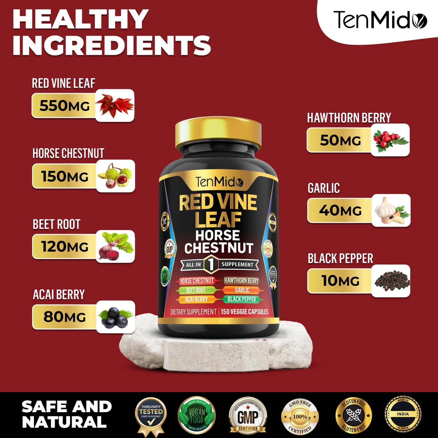Tenmido Red Vine Leaf Extract Supplement 7in1 Formula Capsule, 150 Capsules