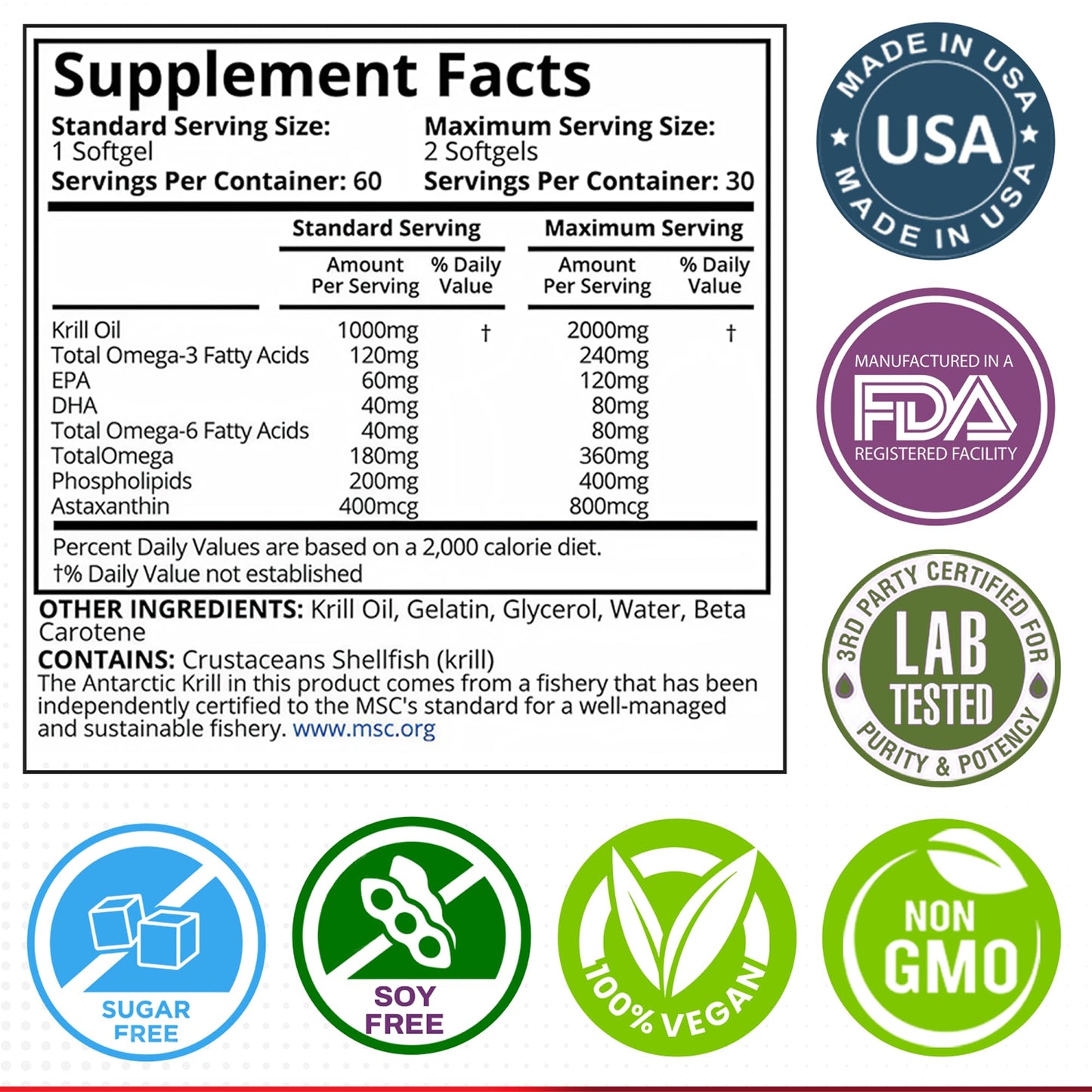 Purity Labs Antarctic Krill Oil 2000mg Omega-3 with Astaxanthin 800mcg Softgels 60