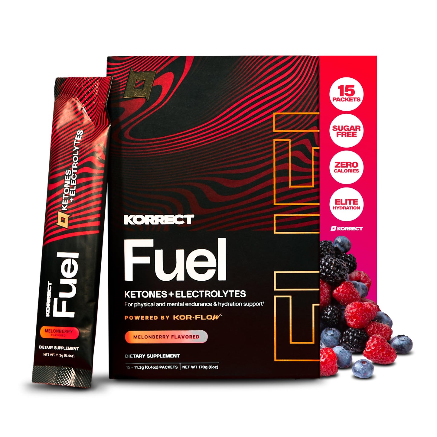 KORRECT LIFE Korrect Fuel Ketone Electrolyte Powder, 15 Single-Serve Packets, Melonberry