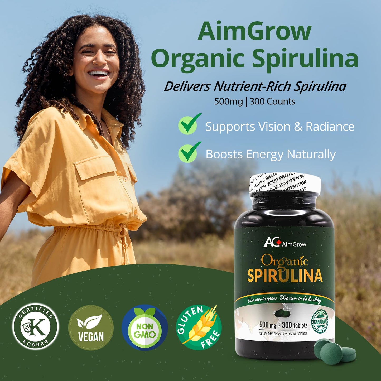 Aimgrow Organic Spirulina Tablets, 300 Tablets
