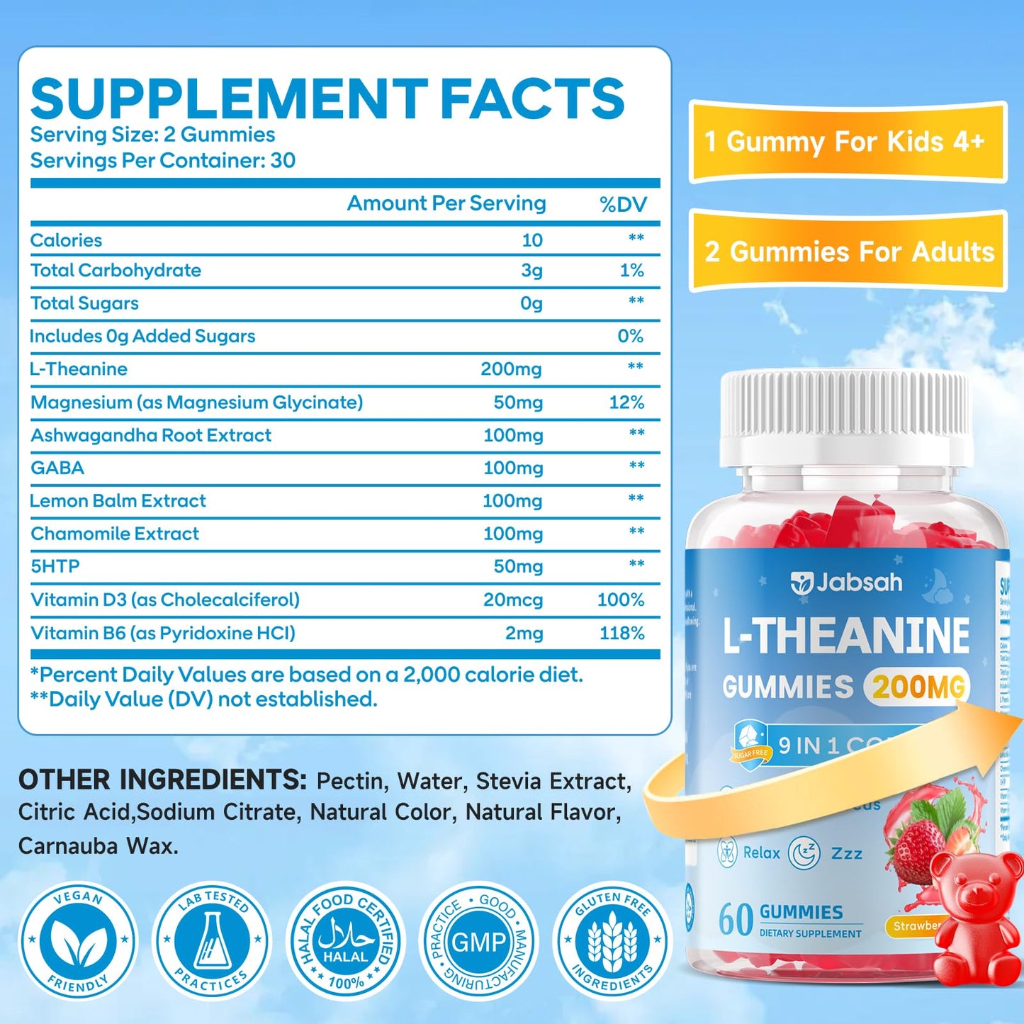 Jabsah L-Theanine Gummies for Kids & Adults, 120 Count