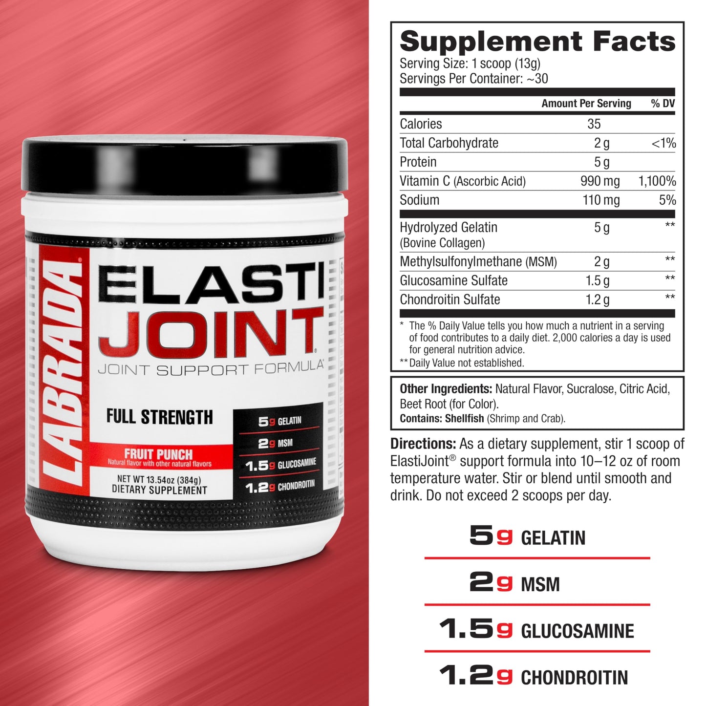 Labrada Elastijoint Glucosamine Chondroitin MSM Joint Support Powder, 13.54 Ounce