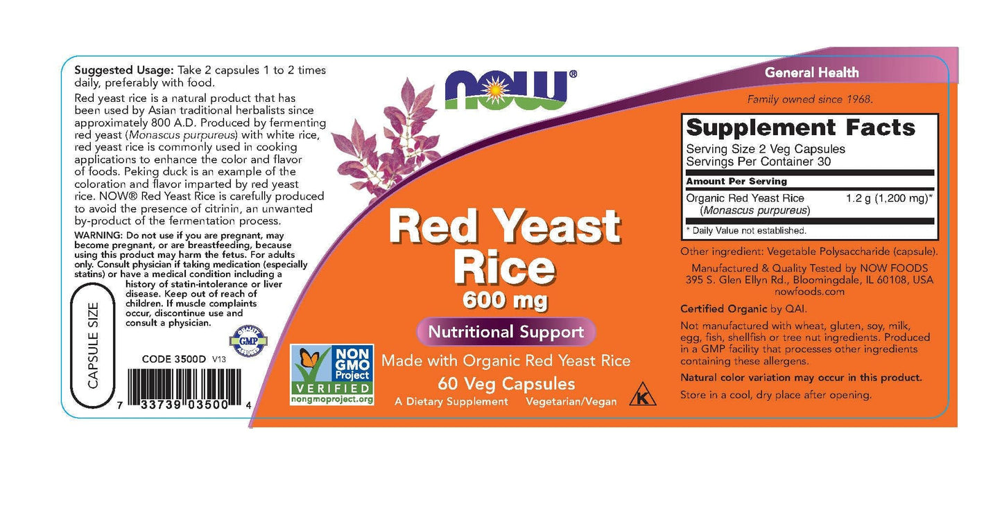NOW Foods Red Yeast Rice 600 mg Capsules 60 Count