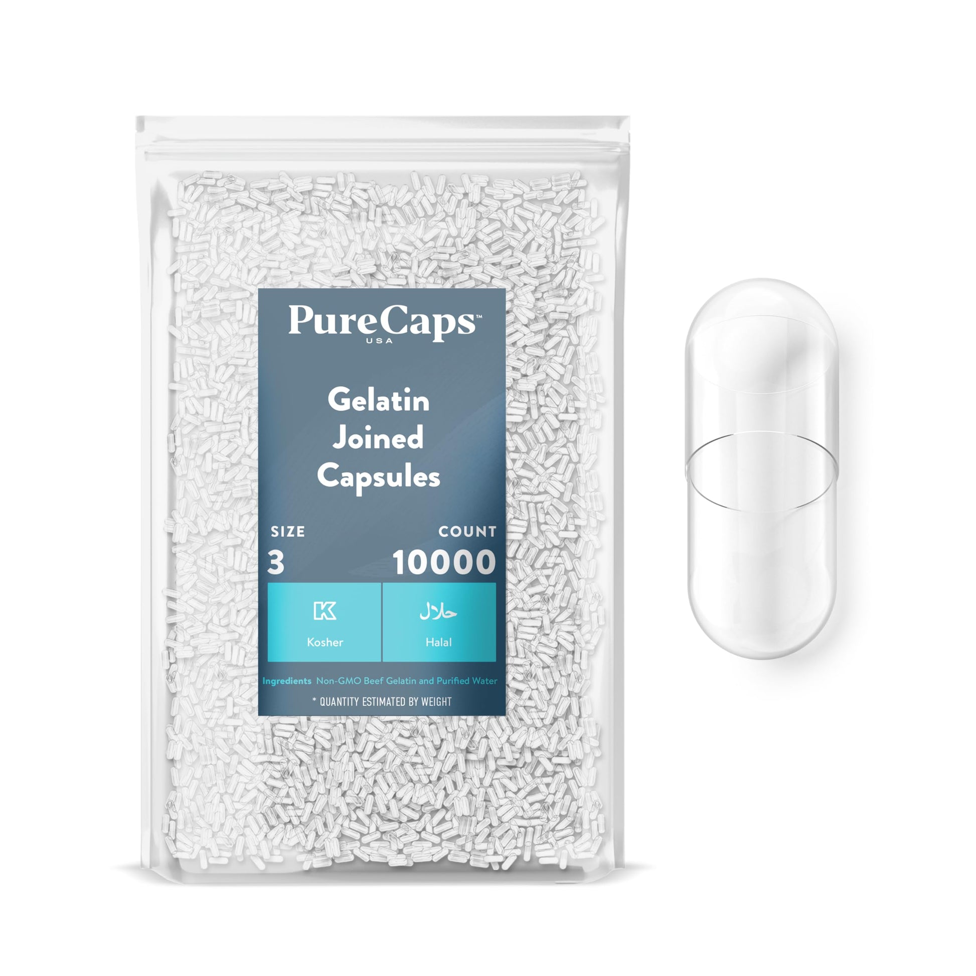PureCaps USA Empty Gelatin Capsules Size 3, 10,000 Capsules