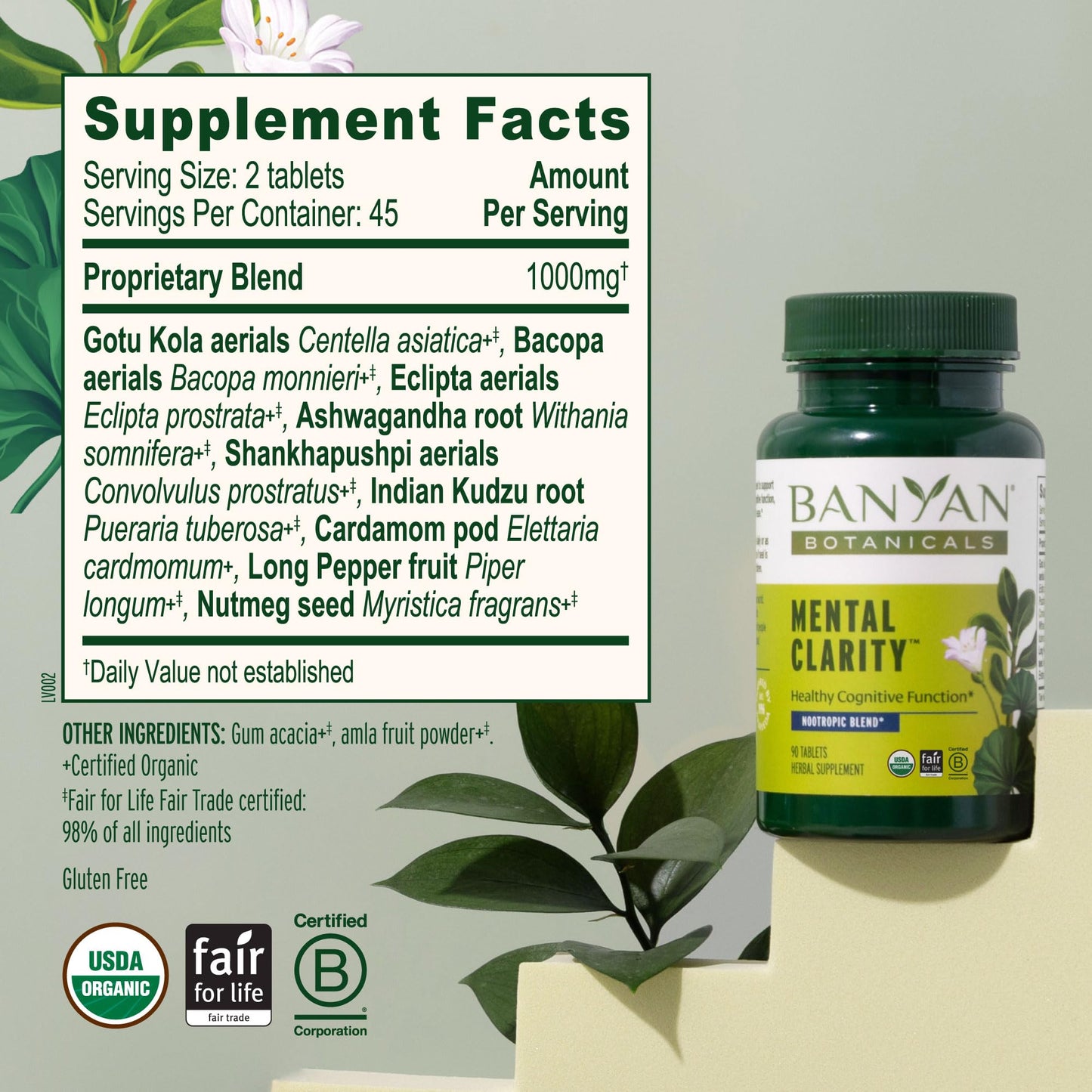 Banyan Botanicals Organic Mental Clarity – Herbal Alertness & Focus Supplement with Bacopa & Gotu Kola – Natural Support for a Calm Mind & Sustainable Mental Energy, 90 Tablets