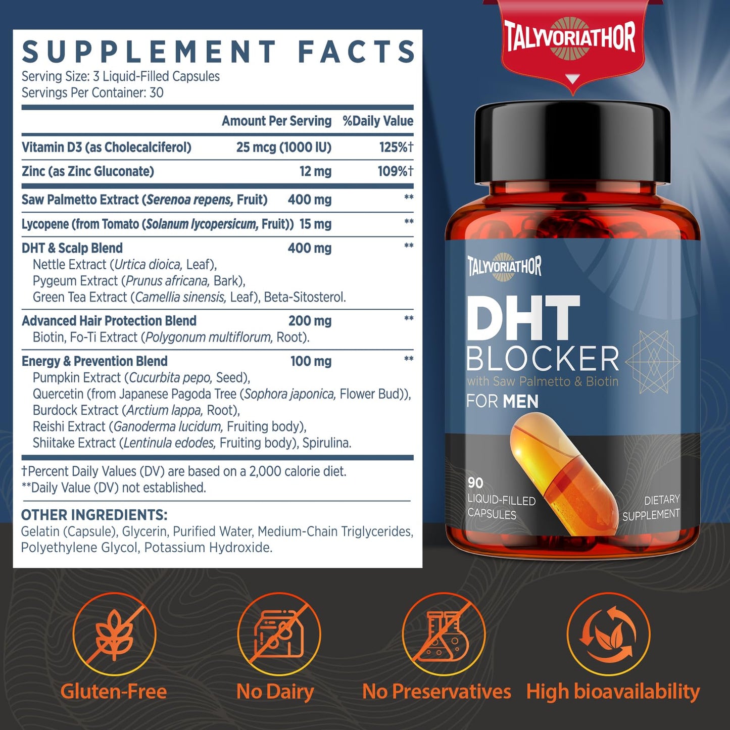 Talyvorlathor DHT Blocker for Men with Saw Palmetto & Biotin, Hair Growth Formula, Proprietary Herbal Blends Capsules 90